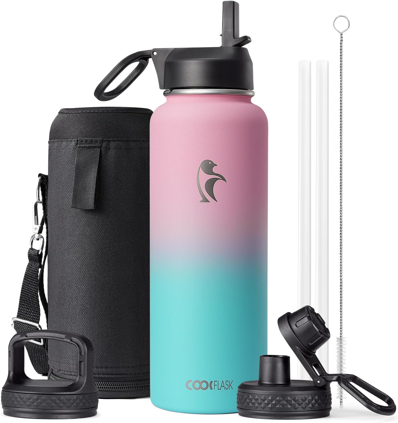 Half Gallon Water Bottle Insulated with Straw & 3 Lids, Coolflask 64 oz Water Jug Large Metal Stainless Steel Wide Mouth for Sports, Gym or Office, Non-BPA Keep Cold 48H Hot 24H, Samurai Cyan