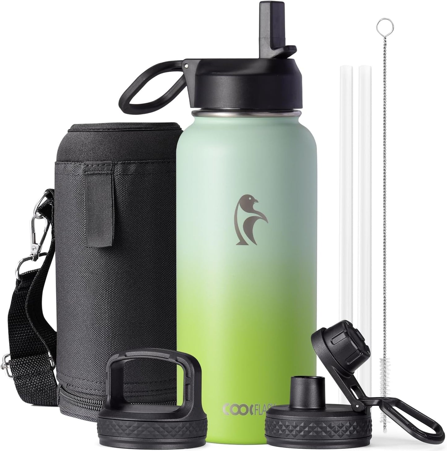 Half Gallon Water Bottle Insulated with Straw & 3 Lids, Coolflask 64 oz Water Jug Large Metal Stainless Steel Wide Mouth for Sports, Gym or Office, Non-BPA Keep Cold 48H Hot 24H, Samurai Cyan