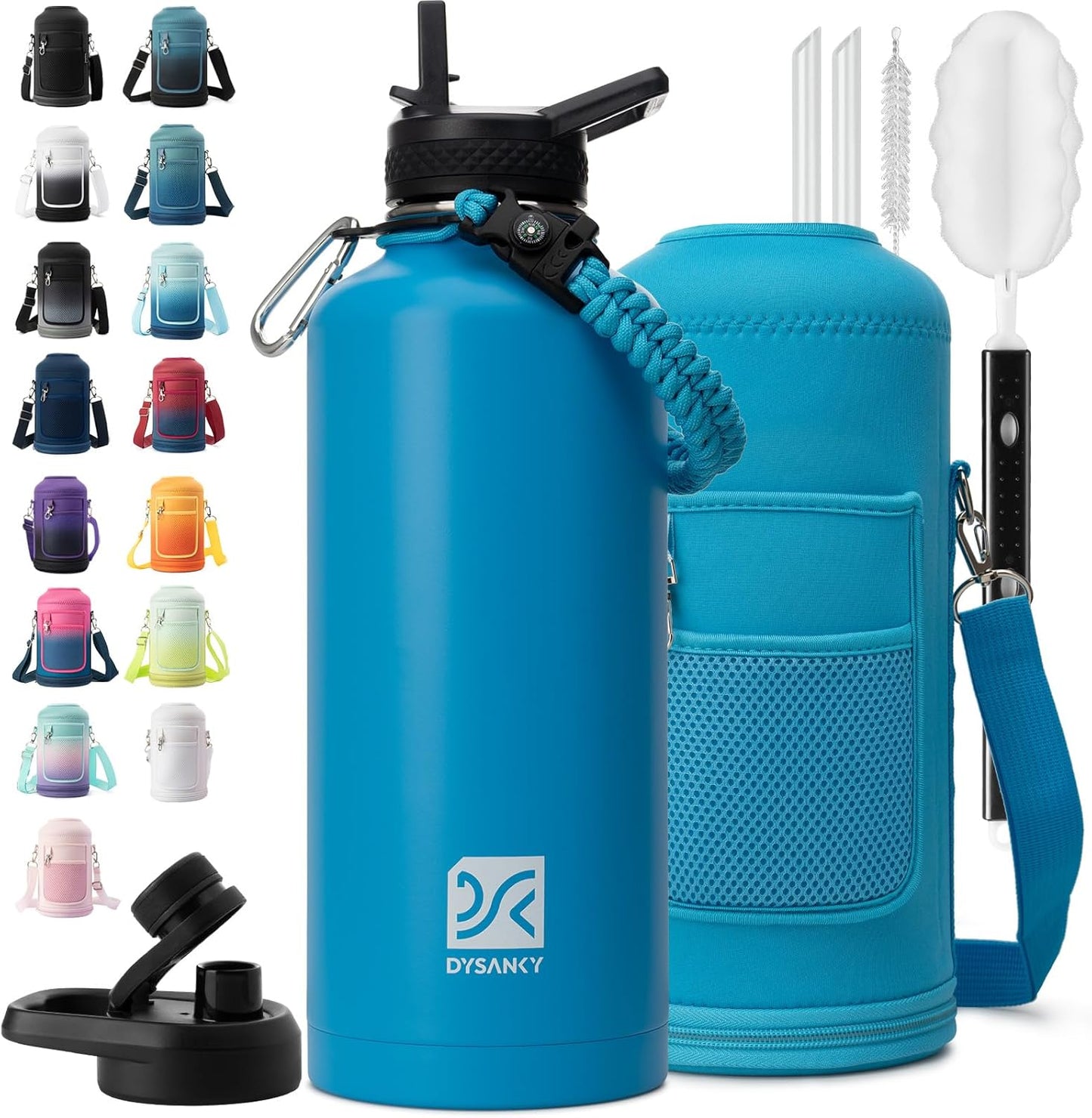 Insulated Water Bottle | Thickened Stainless Steel Vacuum Metal | Portable Sports Half Gallon Large Water Jug for Gym and Hiking with Straw, Carrier Bag, Handle Strap | BPA-Free 64 oz