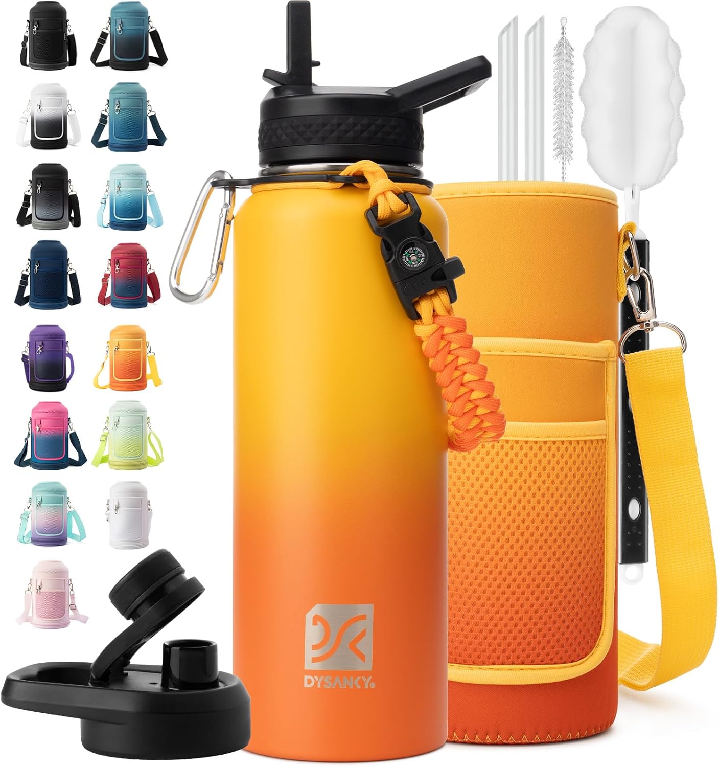 Insulated Water Bottle | Thickened Stainless Steel Vacuum Metal | Portable Sports Half Gallon Large Water Jug for Gym and Hiking with Straw, Carrier Bag, Handle Strap | BPA-Free 64 oz