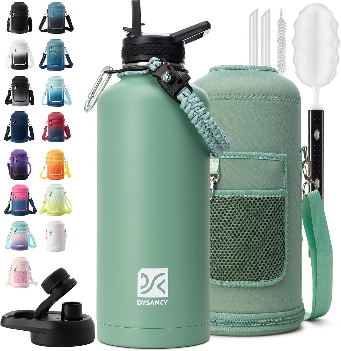 Insulated Water Bottle | Thickened Stainless Steel Vacuum Metal | Portable Sports Half Gallon Large Water Jug for Gym and Hiking with Straw, Carrier Bag, Handle Strap | BPA-Free 64 oz