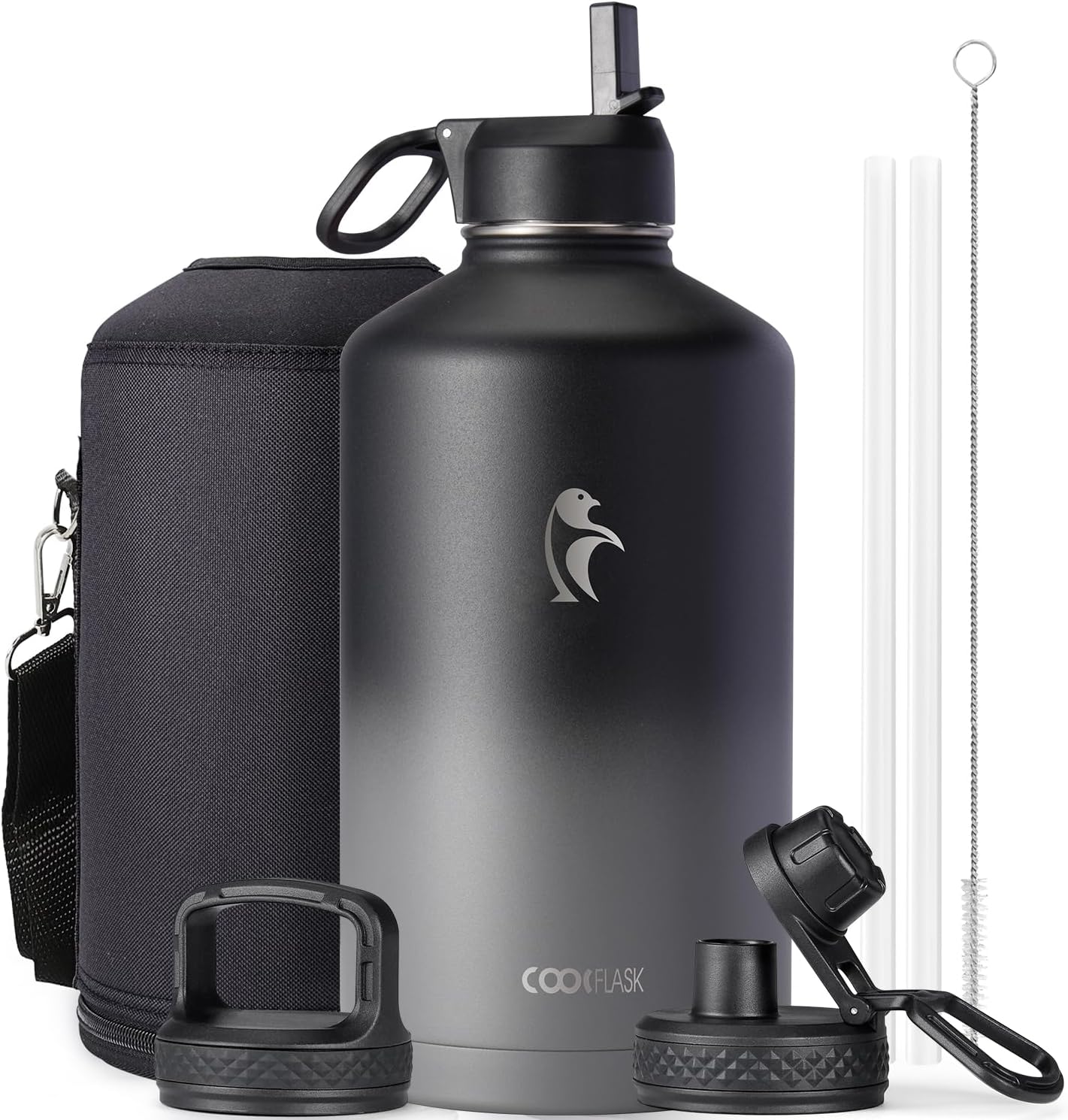 Half Gallon Water Bottle Insulated with Straw & 3 Lids, Coolflask 64 oz Water Jug Large Metal Stainless Steel Wide Mouth for Sports, Gym or Office, Non-BPA Keep Cold 48H Hot 24H, Samurai Cyan