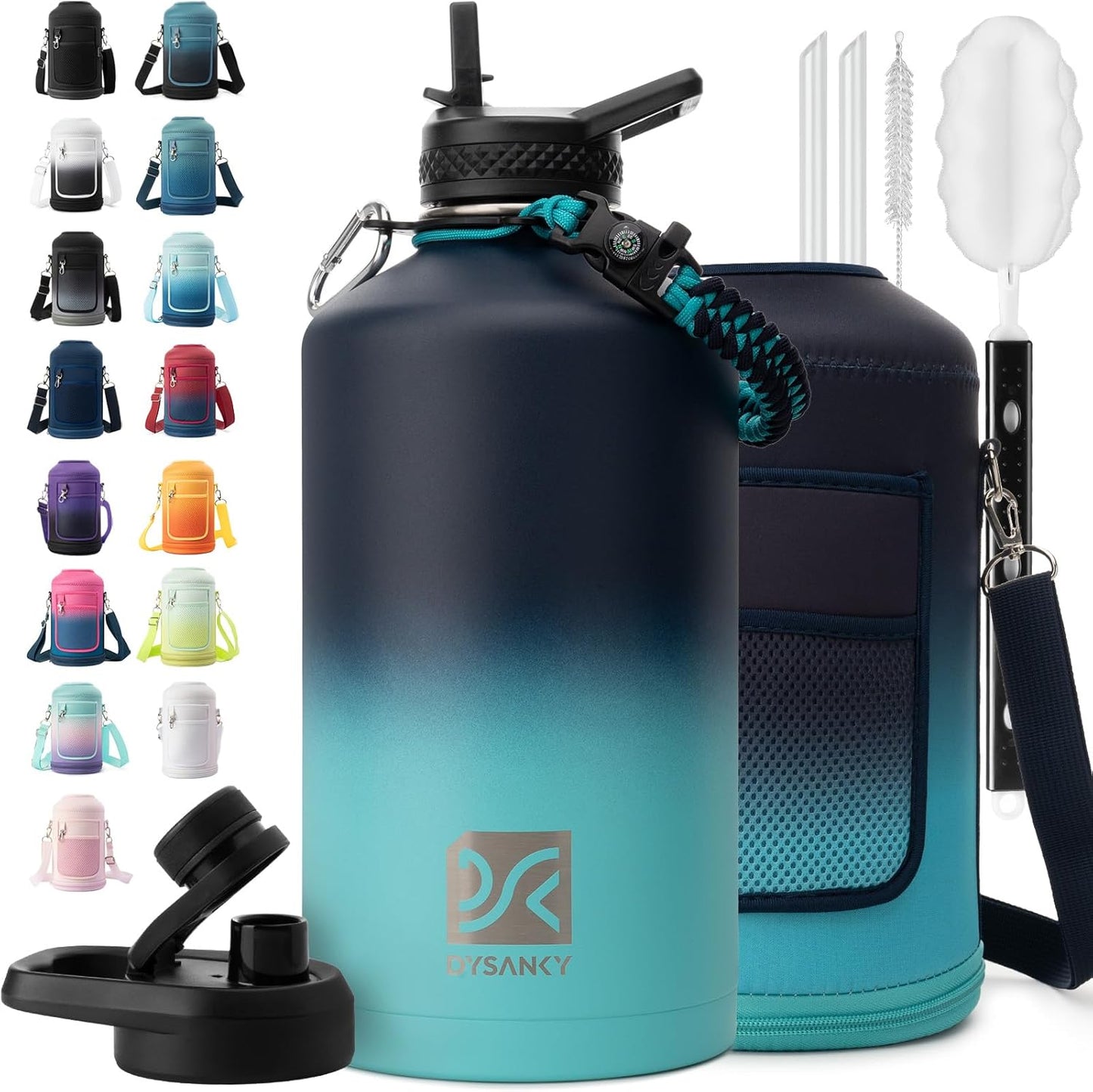 Insulated Water Bottle | Thickened Stainless Steel Vacuum Metal | Portable Sports Half Gallon Large Water Jug for Gym and Hiking with Straw, Carrier Bag, Handle Strap | BPA-Free 64 oz