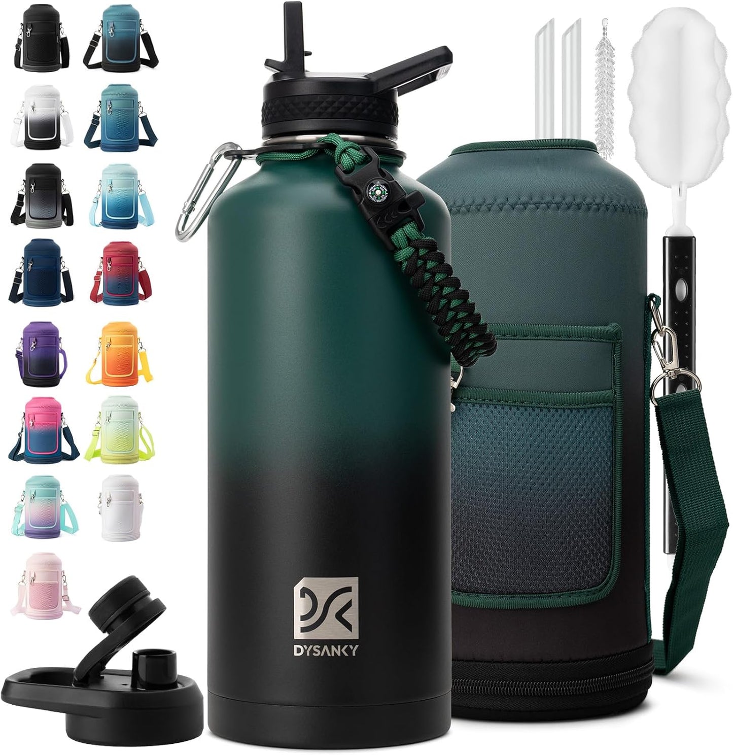 Insulated Water Bottle | Thickened Stainless Steel Vacuum Metal | Portable Sports Half Gallon Large Water Jug for Gym and Hiking with Straw, Carrier Bag, Handle Strap | BPA-Free 64 oz
