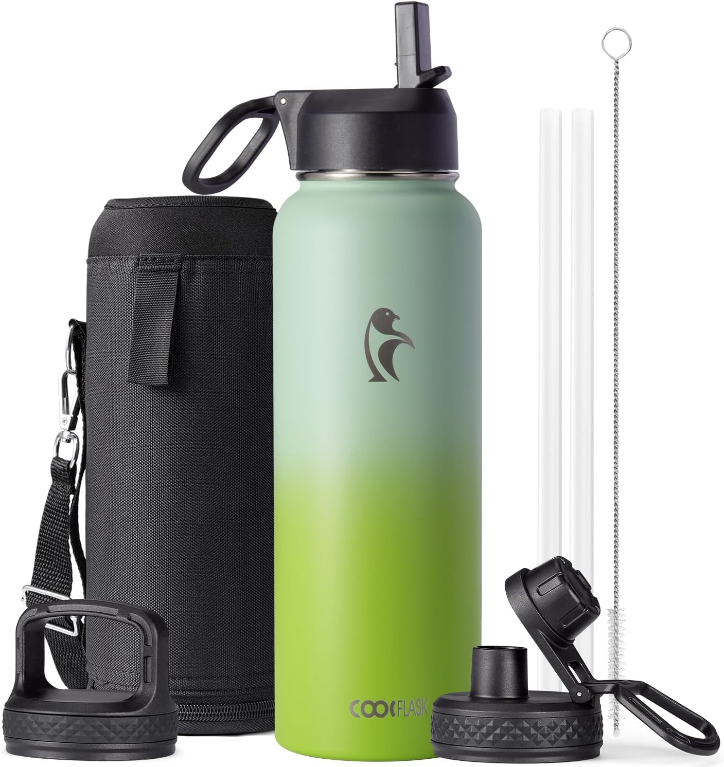 Half Gallon Water Bottle Insulated with Straw & 3 Lids, Coolflask 64 oz Water Jug Large Metal Stainless Steel Wide Mouth for Sports, Gym or Office, Non-BPA Keep Cold 48H Hot 24H, Samurai Cyan