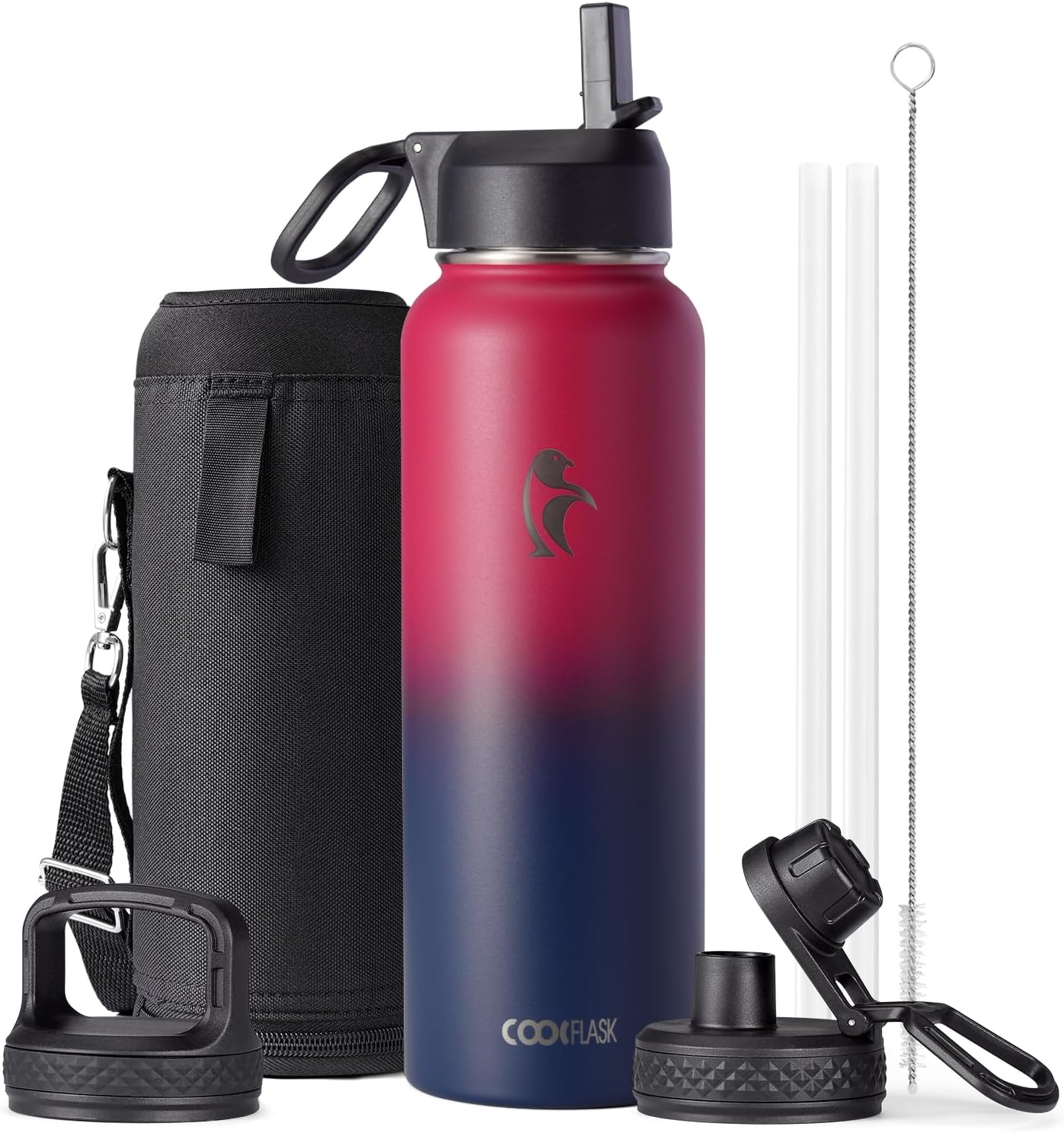 Half Gallon Water Bottle Insulated with Straw & 3 Lids, Coolflask 64 oz Water Jug Large Metal Stainless Steel Wide Mouth for Sports, Gym or Office, Non-BPA Keep Cold 48H Hot 24H, Samurai Cyan