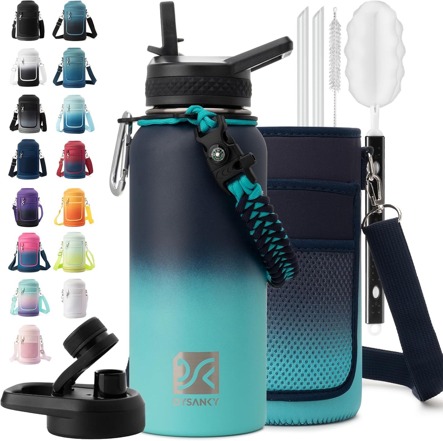 Insulated Water Bottle | Thickened Stainless Steel Vacuum Metal | Portable Sports Half Gallon Large Water Jug for Gym and Hiking with Straw, Carrier Bag, Handle Strap | BPA-Free 64 oz