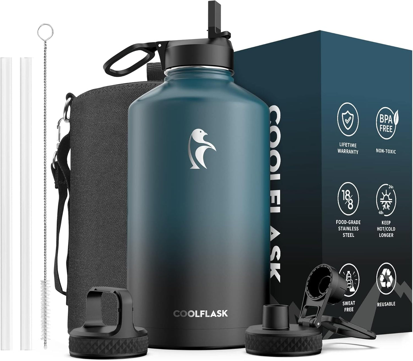 Half Gallon Water Bottle Insulated with Straw & 3 Lids, Coolflask 64 oz Water Jug Large Metal Stainless Steel Wide Mouth for Sports, Gym or Office, Non-BPA Keep Cold 48H Hot 24H, Samurai Cyan