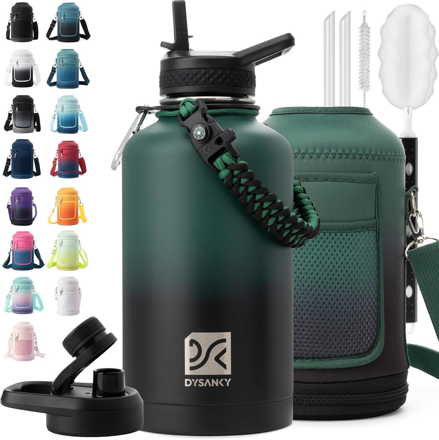 Insulated Water Bottle | Thickened Stainless Steel Vacuum Metal | Portable Sports Half Gallon Large Water Jug for Gym and Hiking with Straw, Carrier Bag, Handle Strap | BPA-Free 64 oz