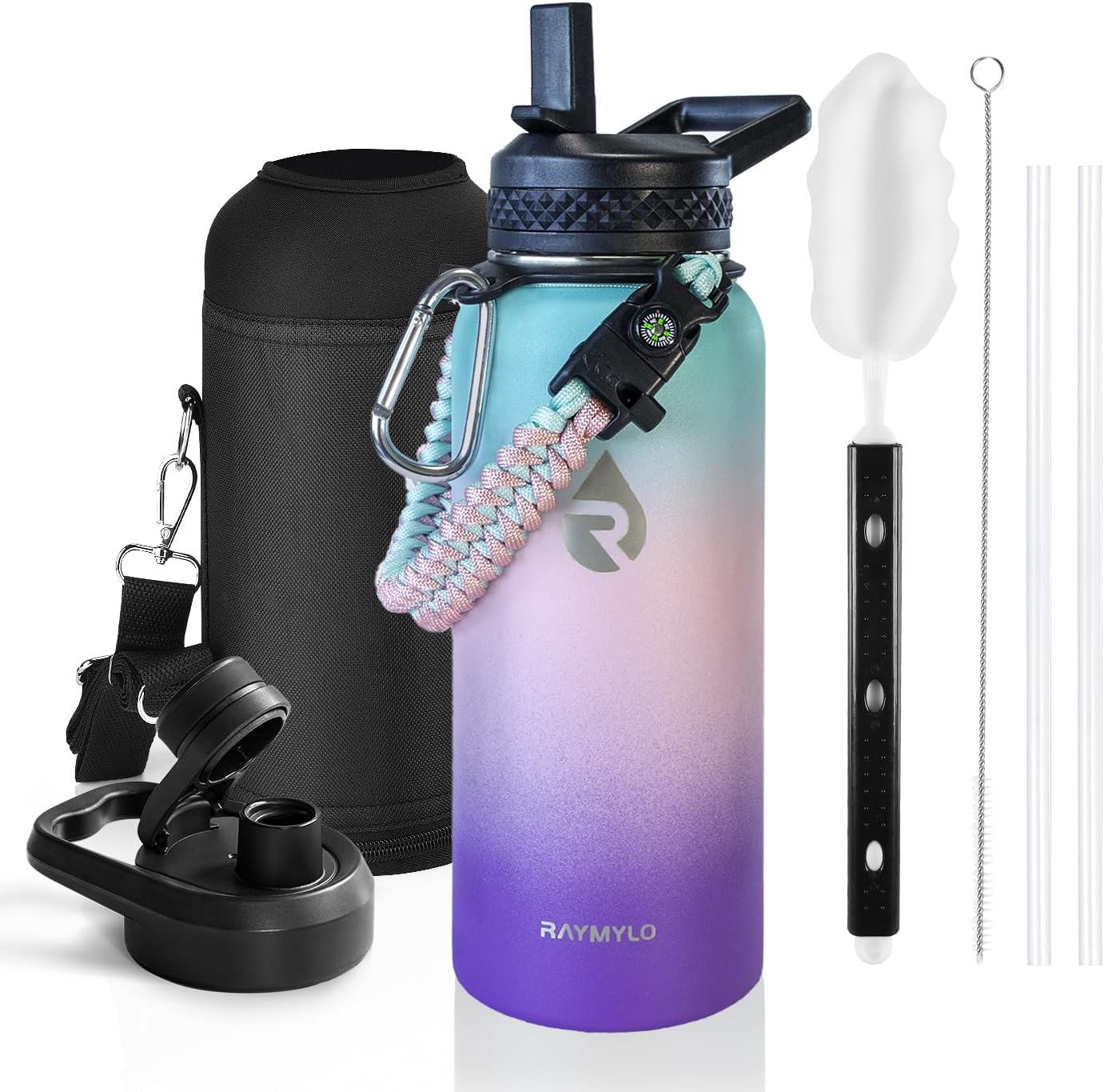 Insulated Water Bottle 40 oz, Triple Wall Vacuum Stainless Steel (Cold for 48 Hrs), Leak Proof & Non-BPA, Modern Water Flask Jug with Paracord Handle & Straw Spout Lids, Indigo/Black