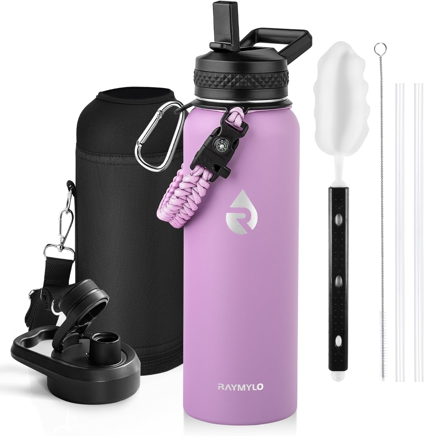 Insulated Water Bottle 40 oz, Triple Wall Vacuum Stainless Steel (Cold for 48 Hrs), Leak Proof & Non-BPA, Modern Water Flask Jug with Paracord Handle & Straw Spout Lids, Indigo/Black