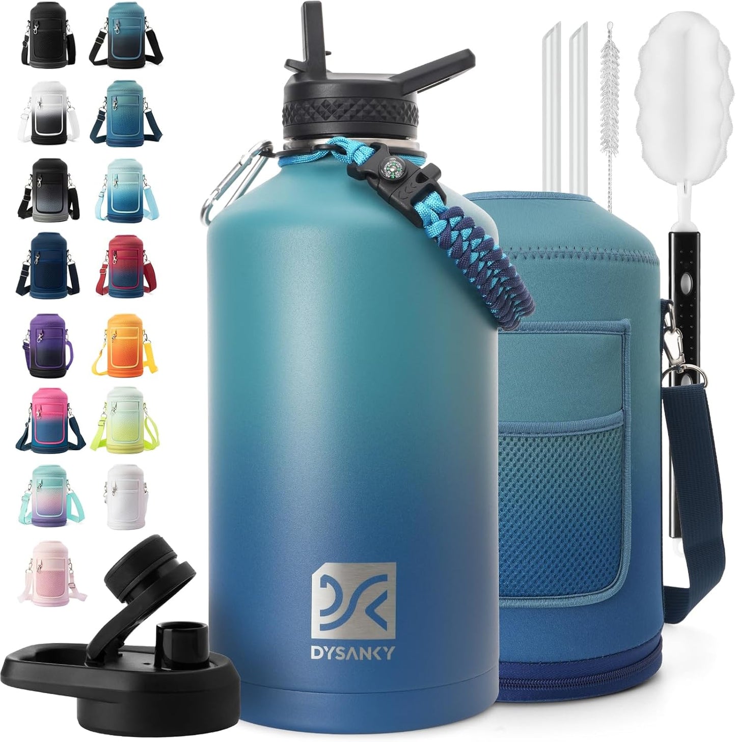 Insulated Water Bottle | Thickened Stainless Steel Vacuum Metal | Portable Sports Half Gallon Large Water Jug for Gym and Hiking with Straw, Carrier Bag, Handle Strap | BPA-Free 64 oz