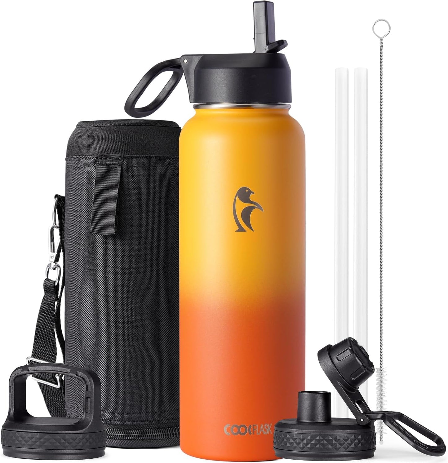 Half Gallon Water Bottle Insulated with Straw & 3 Lids, Coolflask 64 oz Water Jug Large Metal Stainless Steel Wide Mouth for Sports, Gym or Office, Non-BPA Keep Cold 48H Hot 24H, Samurai Cyan