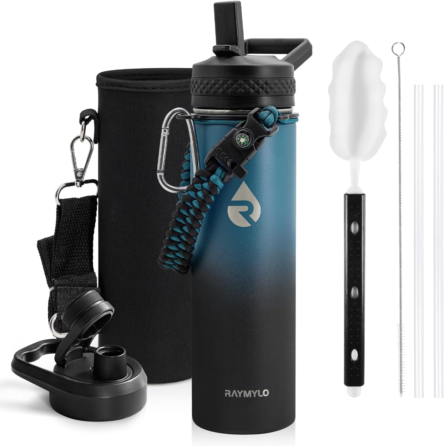 Insulated Water Bottle 40 oz, Triple Wall Vacuum Stainless Steel (Cold for 48 Hrs), Leak Proof & Non-BPA, Modern Water Flask Jug with Paracord Handle & Straw Spout Lids, Indigo/Black