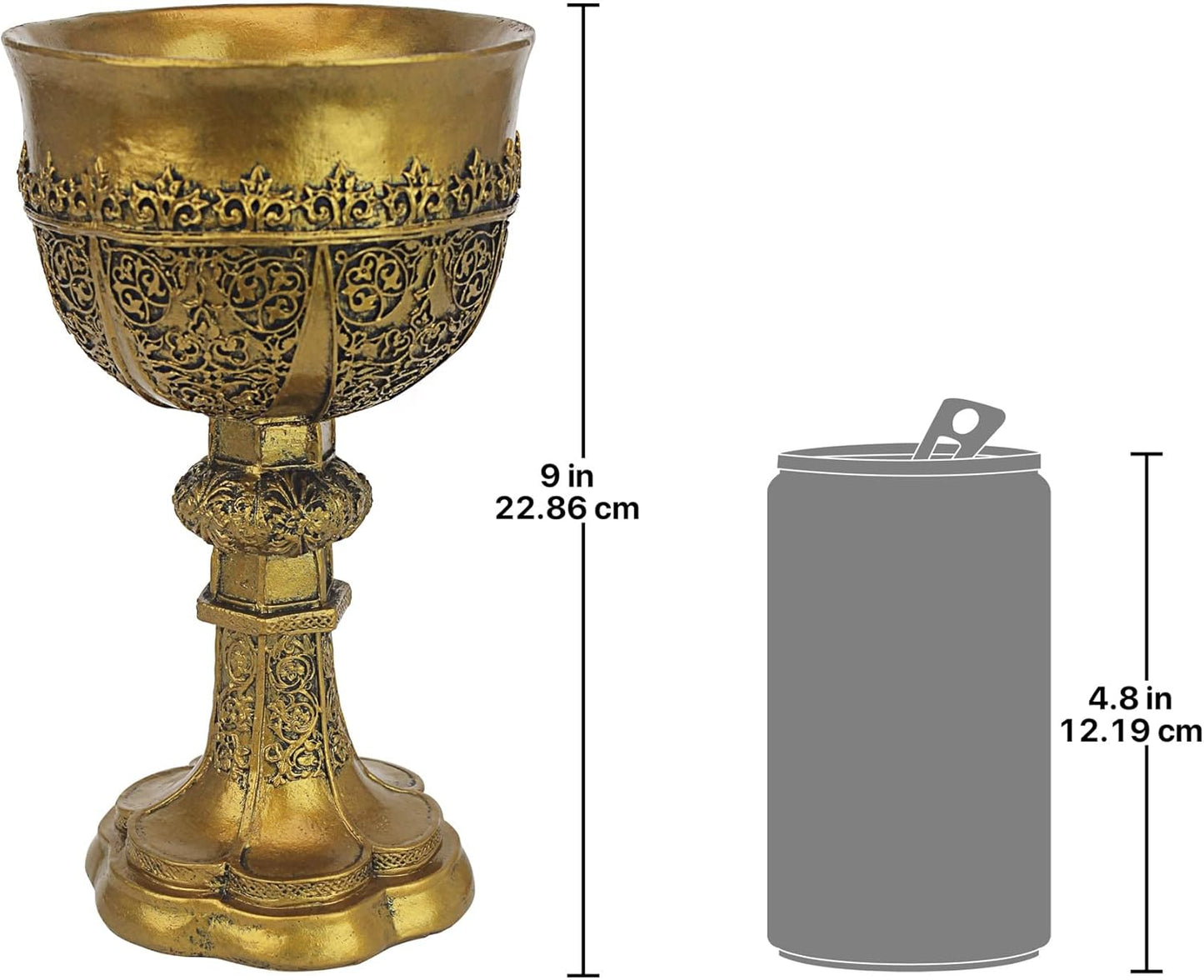 Design Toscano Golden Chalice King Arthur Statue Medieval Decor Decorative Gothic Goblet Sculpture, 9 Inch, Cast Stone Resin, Metallic Gold Finish