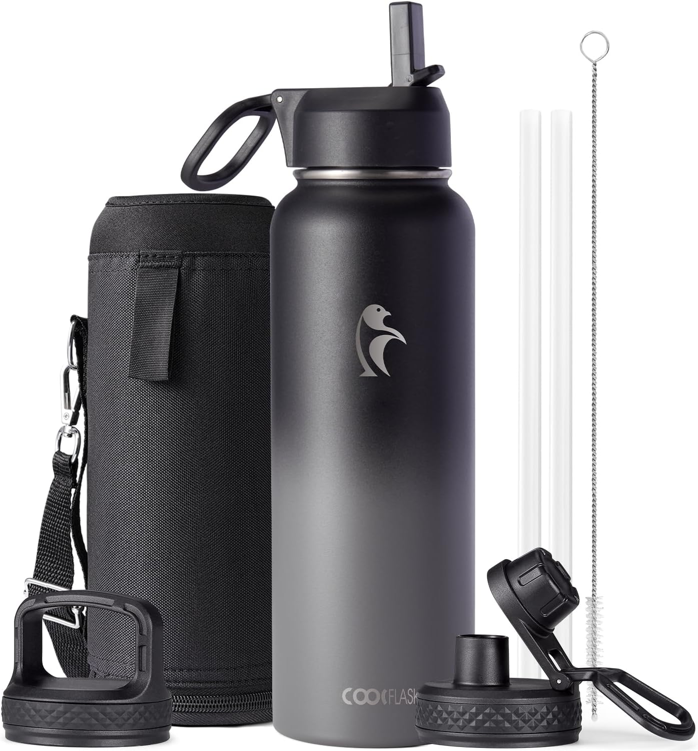 Half Gallon Water Bottle Insulated with Straw & 3 Lids, Coolflask 64 oz Water Jug Large Metal Stainless Steel Wide Mouth for Sports, Gym or Office, Non-BPA Keep Cold 48H Hot 24H, Samurai Cyan