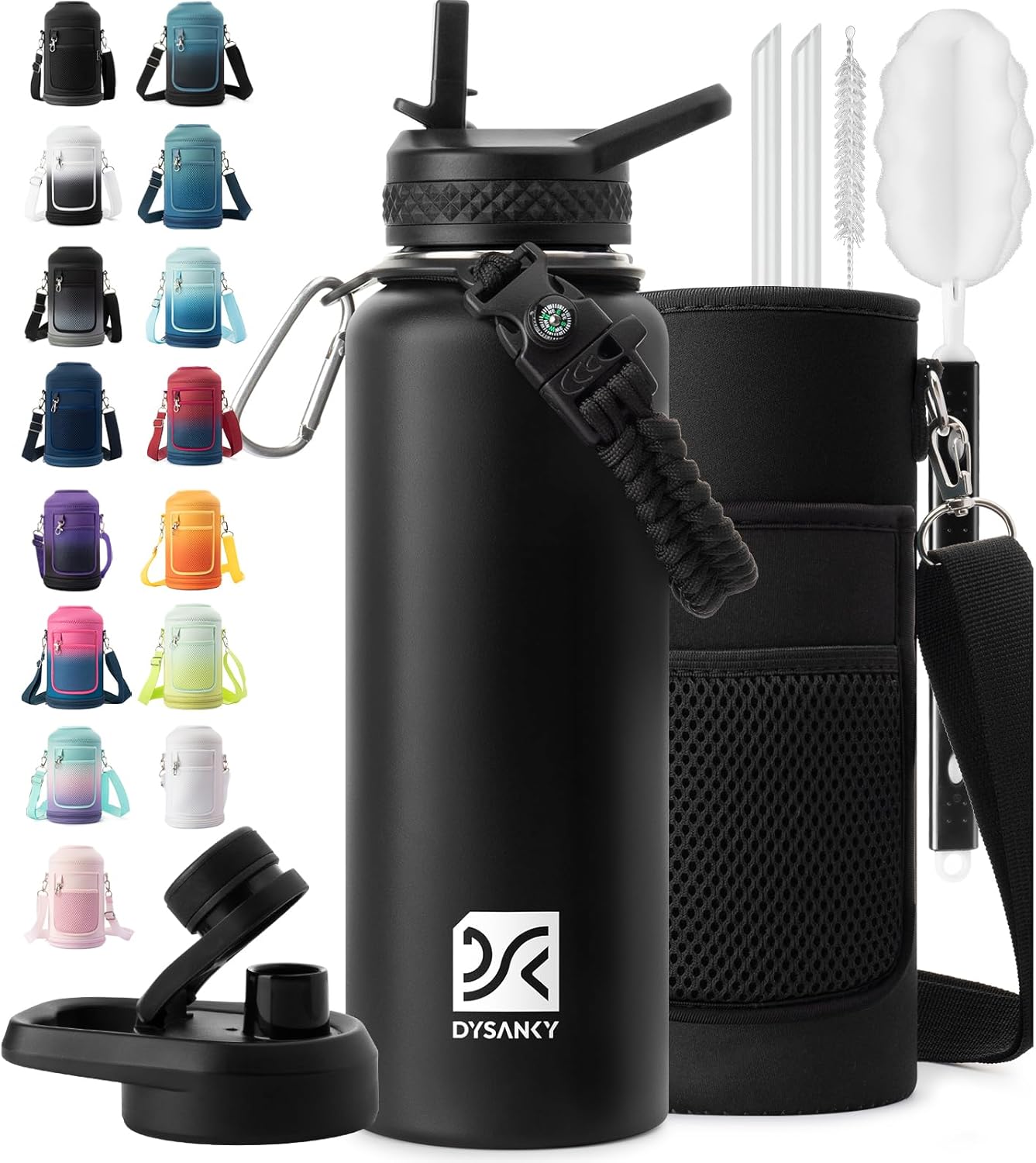 Insulated Water Bottle | Thickened Stainless Steel Vacuum Metal | Portable Sports Half Gallon Large Water Jug for Gym and Hiking with Straw, Carrier Bag, Handle Strap | BPA-Free 64 oz