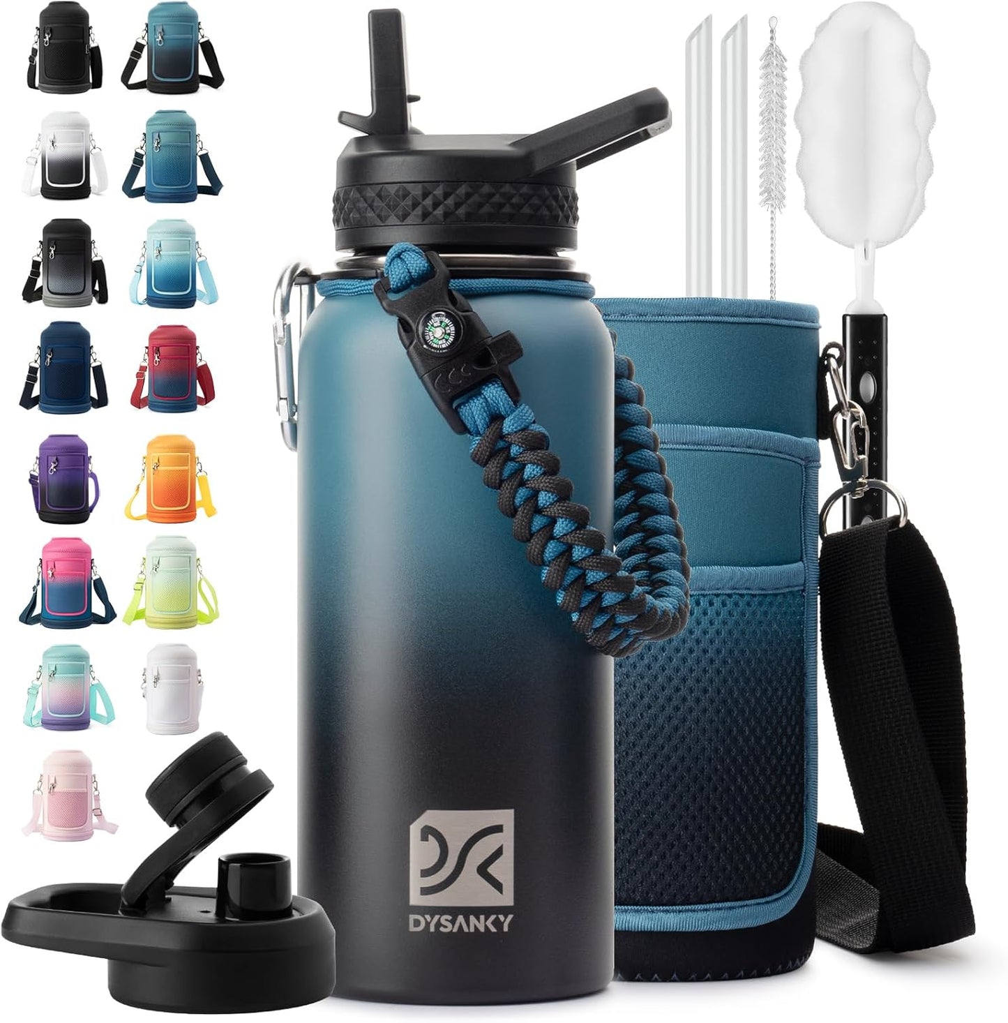Insulated Water Bottle | Thickened Stainless Steel Vacuum Metal | Portable Sports Half Gallon Large Water Jug for Gym and Hiking with Straw, Carrier Bag, Handle Strap | BPA-Free 64 oz