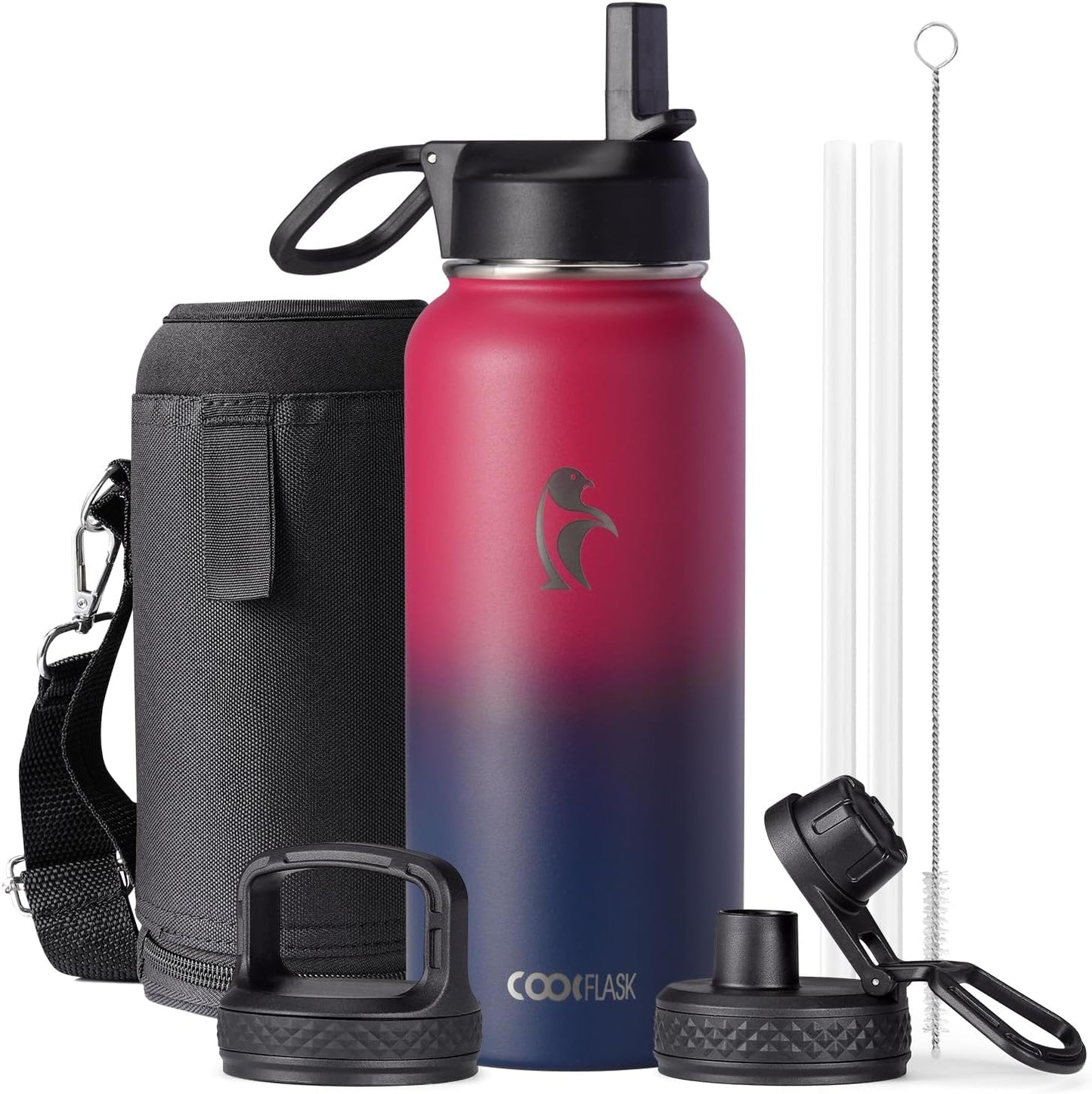 Half Gallon Water Bottle Insulated with Straw & 3 Lids, Coolflask 64 oz Water Jug Large Metal Stainless Steel Wide Mouth for Sports, Gym or Office, Non-BPA Keep Cold 48H Hot 24H, Samurai Cyan
