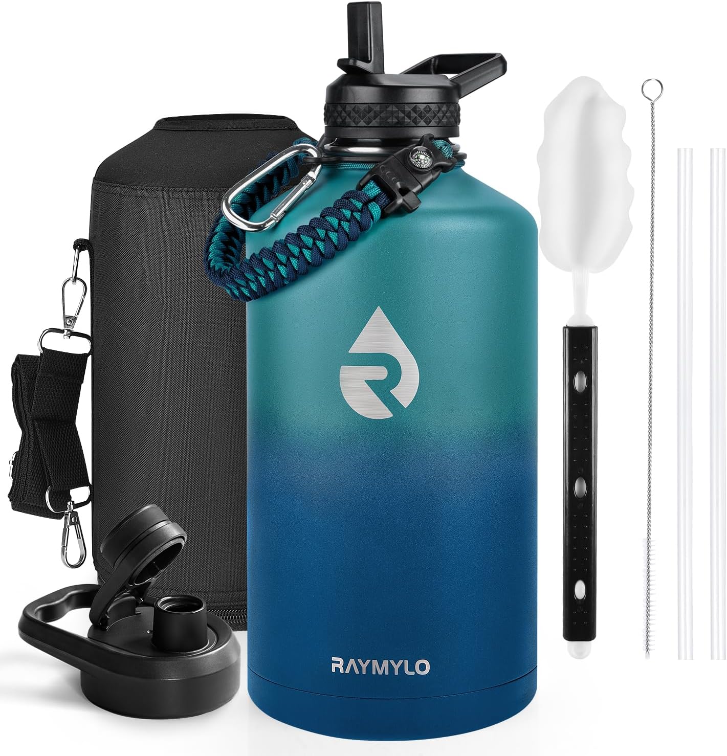 Insulated Water Bottle 40 oz, Triple Wall Vacuum Stainless Steel (Cold for 48 Hrs), Leak Proof & Non-BPA, Modern Water Flask Jug with Paracord Handle & Straw Spout Lids, Indigo/Black