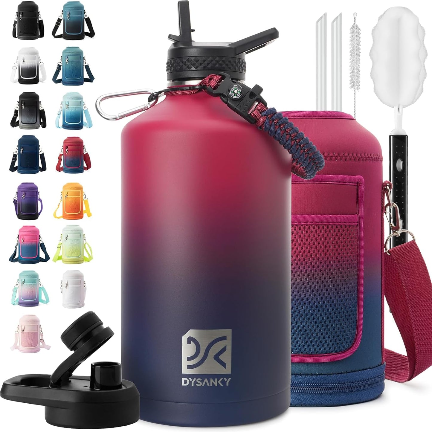 Insulated Water Bottle | Thickened Stainless Steel Vacuum Metal | Portable Sports Half Gallon Large Water Jug for Gym and Hiking with Straw, Carrier Bag, Handle Strap | BPA-Free 64 oz