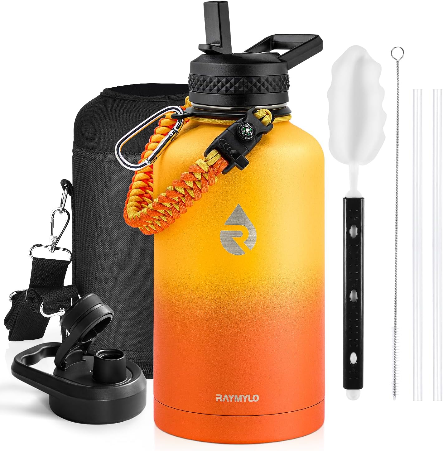 Insulated Water Bottle 40 oz, Triple Wall Vacuum Stainless Steel (Cold for 48 Hrs), Leak Proof & Non-BPA, Modern Water Flask Jug with Paracord Handle & Straw Spout Lids, Indigo/Black