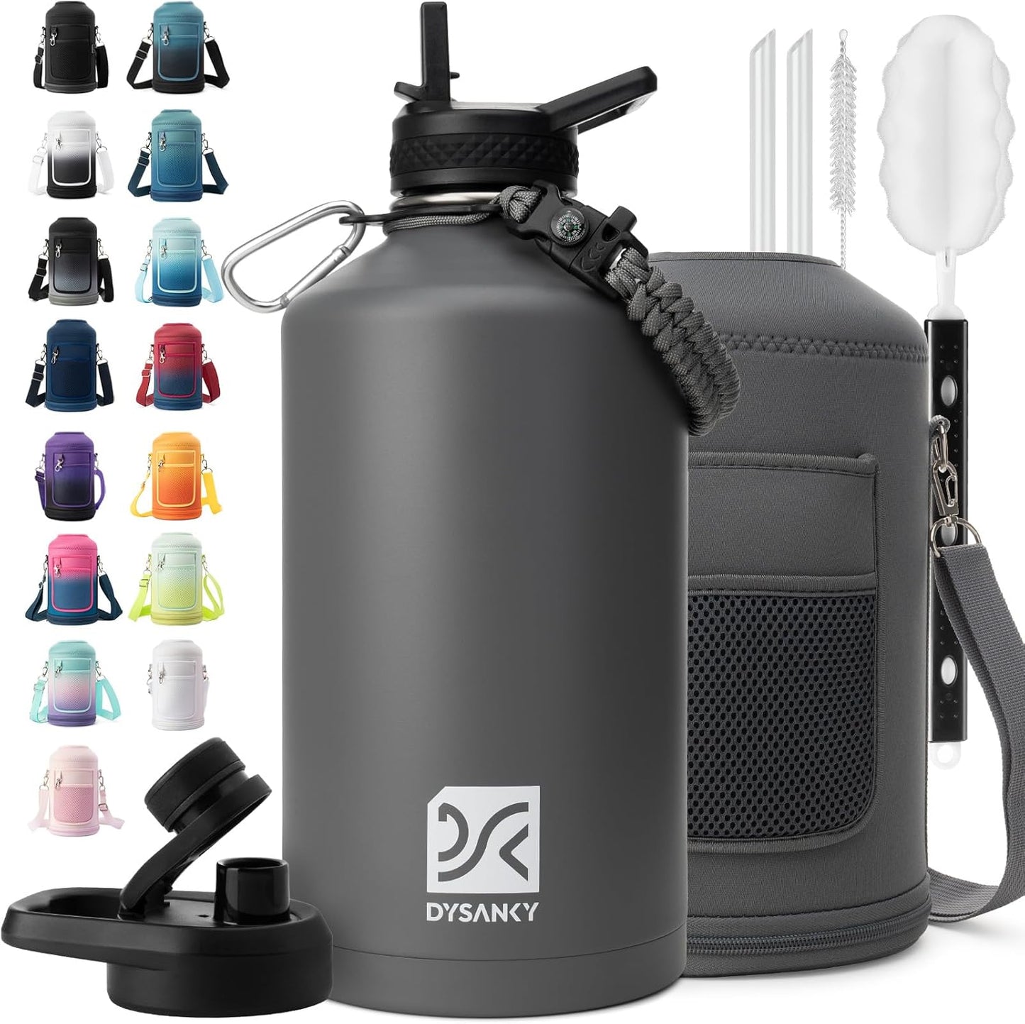 Insulated Water Bottle | Thickened Stainless Steel Vacuum Metal | Portable Sports Half Gallon Large Water Jug for Gym and Hiking with Straw, Carrier Bag, Handle Strap | BPA-Free 64 oz