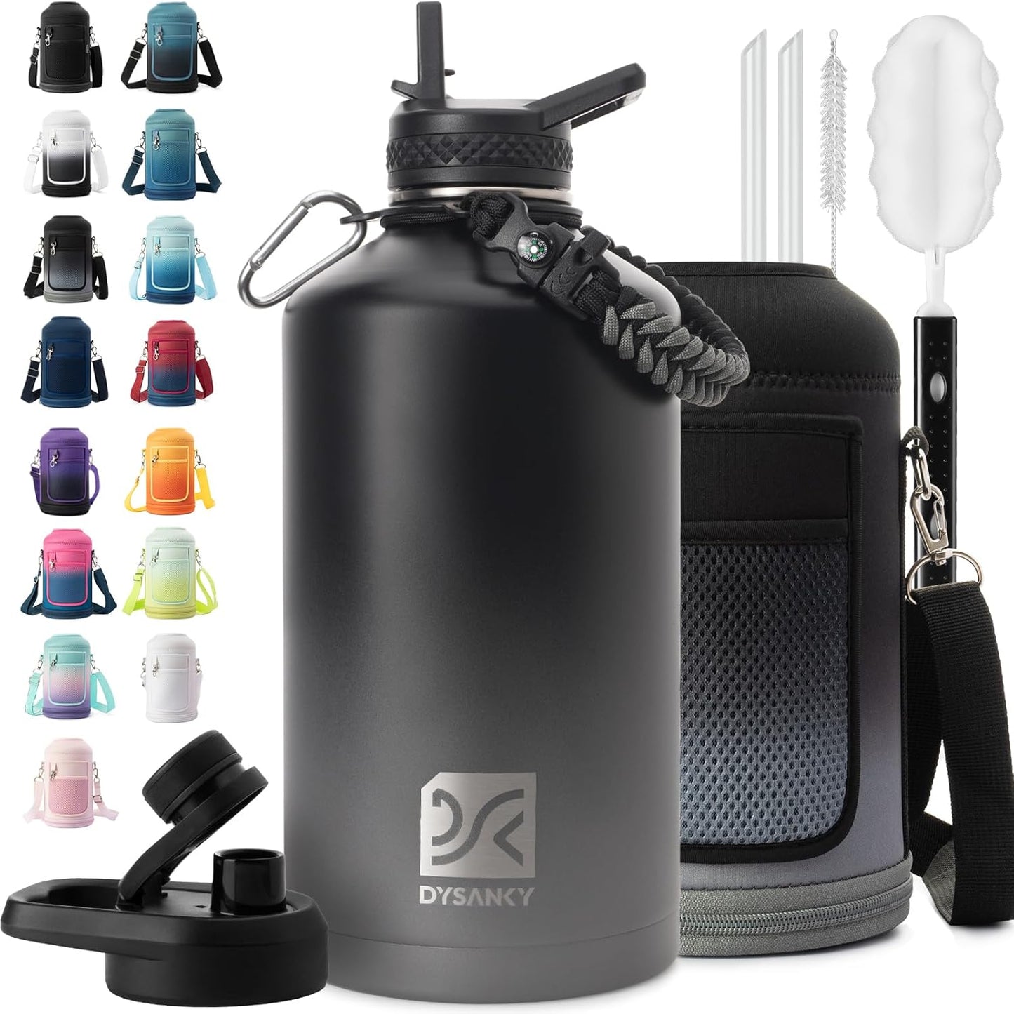 Insulated Water Bottle | Thickened Stainless Steel Vacuum Metal | Portable Sports Half Gallon Large Water Jug for Gym and Hiking with Straw, Carrier Bag, Handle Strap | BPA-Free 64 oz