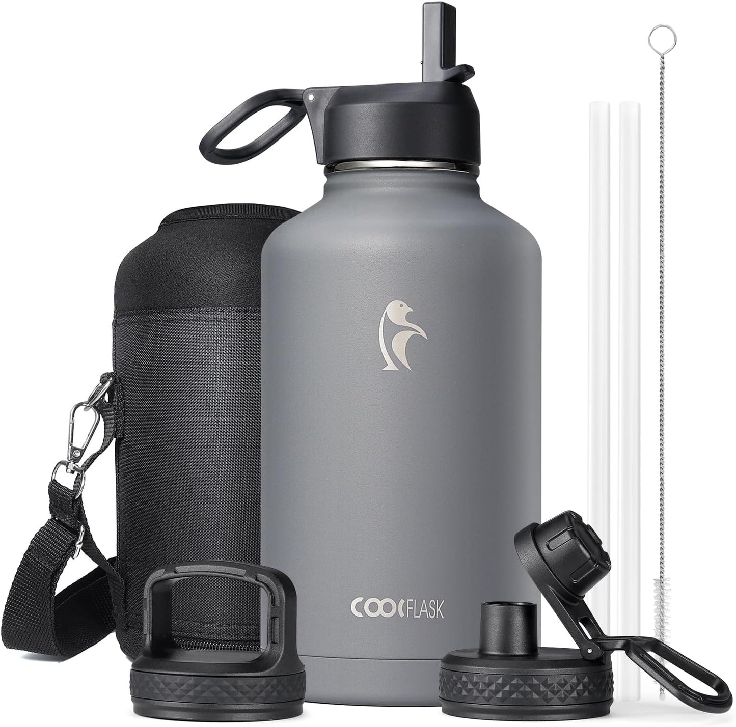 Half Gallon Water Bottle Insulated with Straw & 3 Lids, Coolflask 64 oz Water Jug Large Metal Stainless Steel Wide Mouth for Sports, Gym or Office, Non-BPA Keep Cold 48H Hot 24H, Samurai Cyan