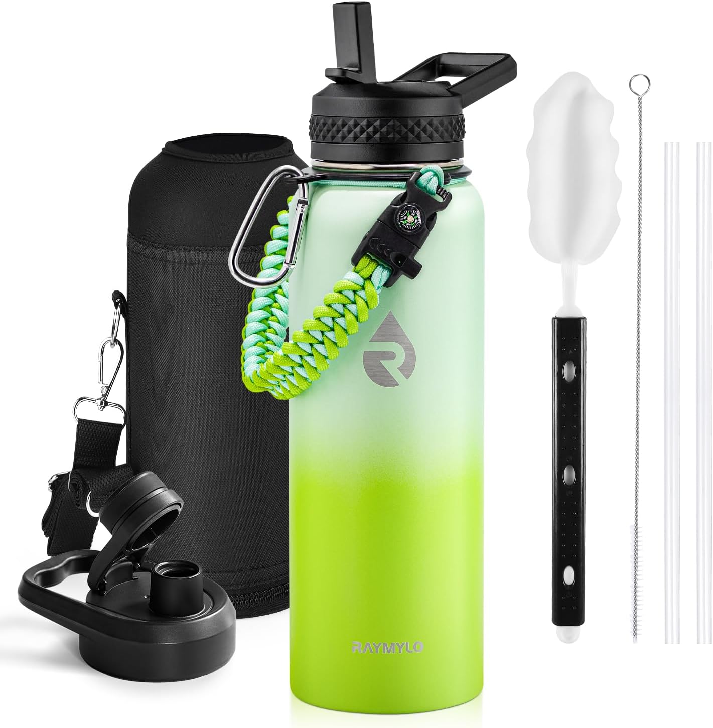 Insulated Water Bottle 40 oz, Triple Wall Vacuum Stainless Steel (Cold for 48 Hrs), Leak Proof & Non-BPA, Modern Water Flask Jug with Paracord Handle & Straw Spout Lids, Indigo/Black