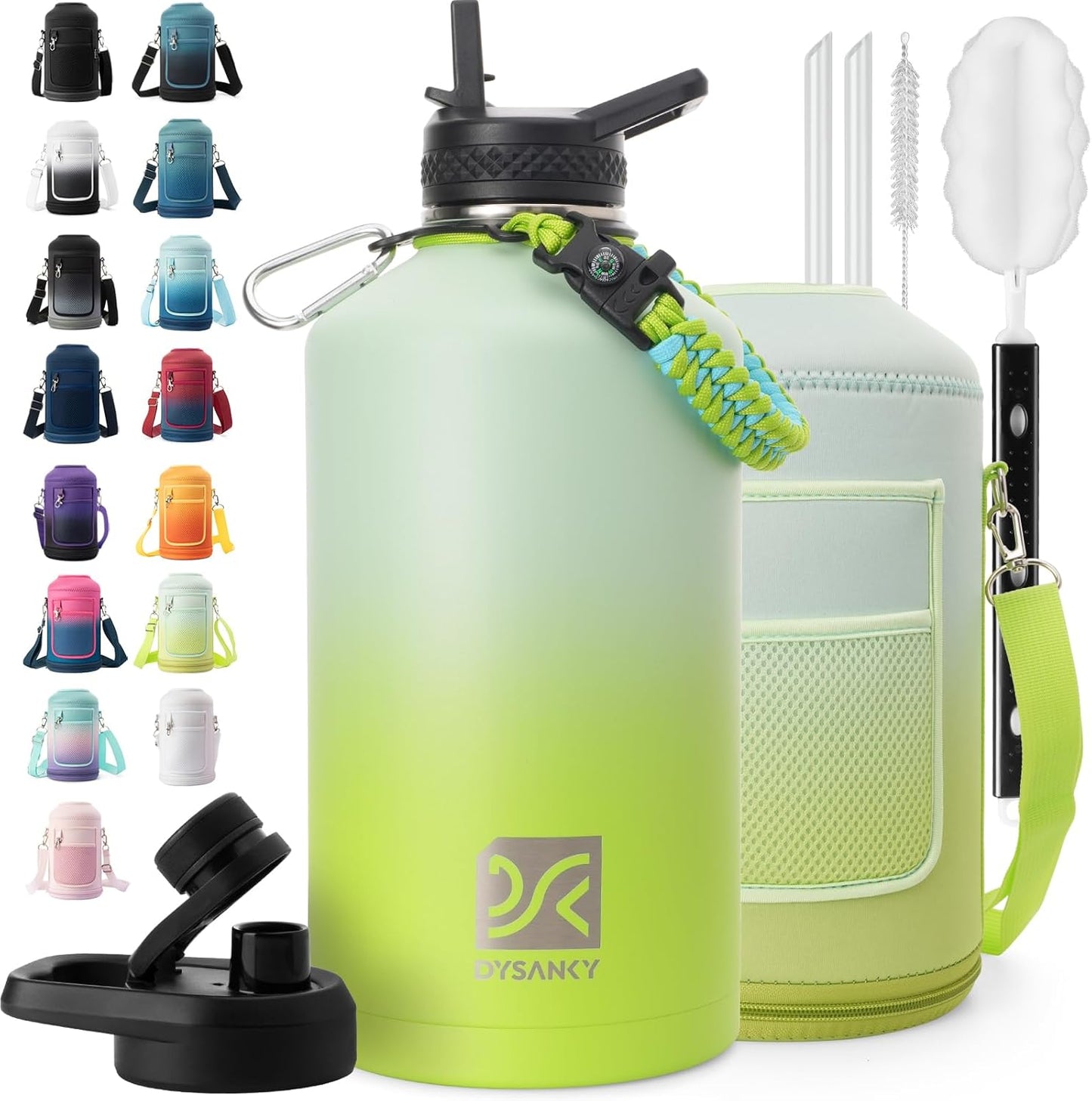 Insulated Water Bottle | Thickened Stainless Steel Vacuum Metal | Portable Sports Half Gallon Large Water Jug for Gym and Hiking with Straw, Carrier Bag, Handle Strap | BPA-Free 64 oz