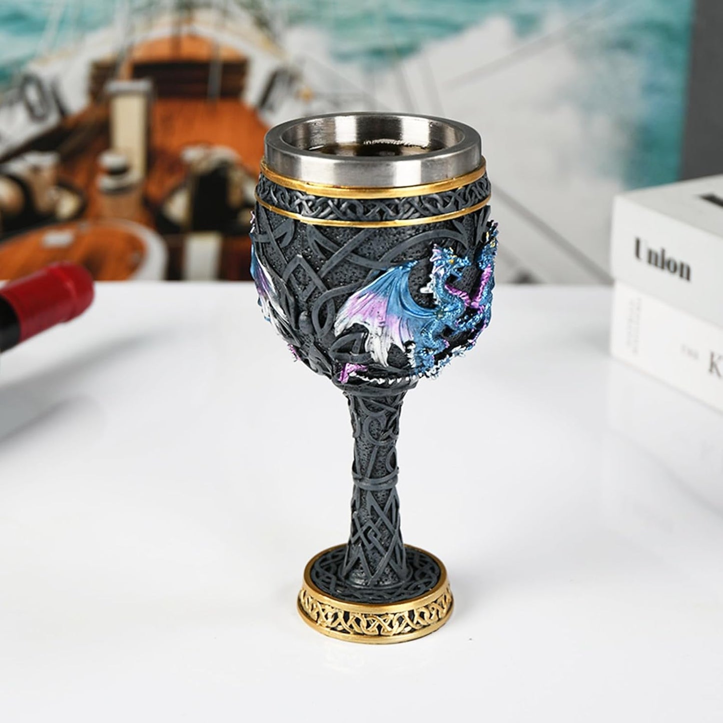 Bronze Dragon Goblet with Stainless Steel Cup, Dragon Wine Medieval Dungeons and Dragons Chalice, Dragon Gift Collectible - 7oz (Blue Dragon Cup)