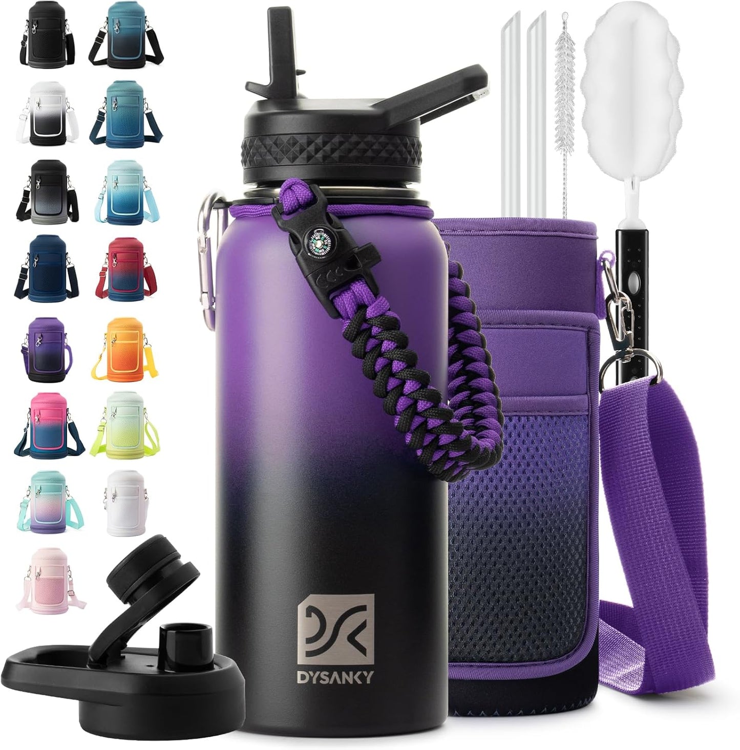 Insulated Water Bottle | Thickened Stainless Steel Vacuum Metal | Portable Sports Half Gallon Large Water Jug for Gym and Hiking with Straw, Carrier Bag, Handle Strap | BPA-Free 64 oz