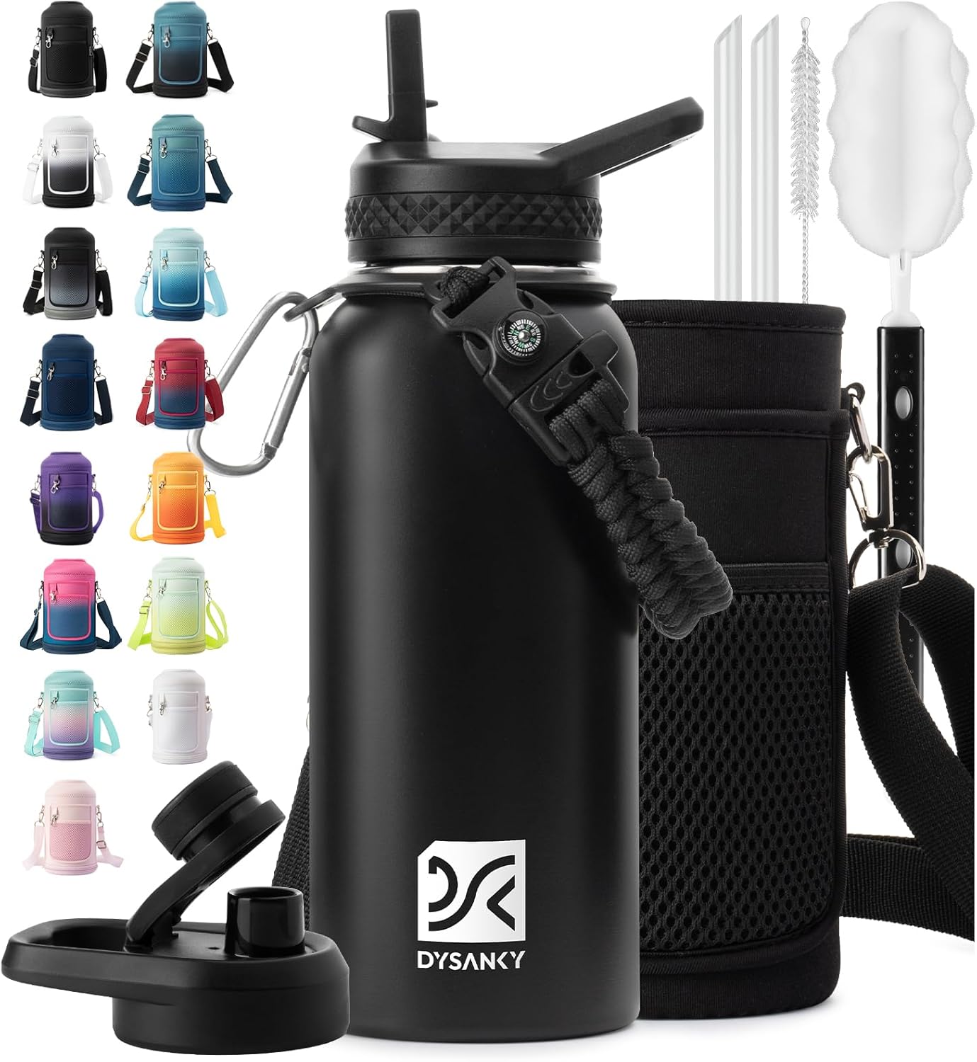 Insulated Water Bottle | Thickened Stainless Steel Vacuum Metal | Portable Sports Half Gallon Large Water Jug for Gym and Hiking with Straw, Carrier Bag, Handle Strap | BPA-Free 64 oz