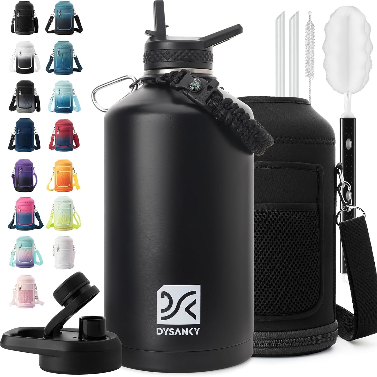 Insulated Water Bottle | Thickened Stainless Steel Vacuum Metal | Portable Sports Half Gallon Large Water Jug for Gym and Hiking with Straw, Carrier Bag, Handle Strap | BPA-Free 64 oz
