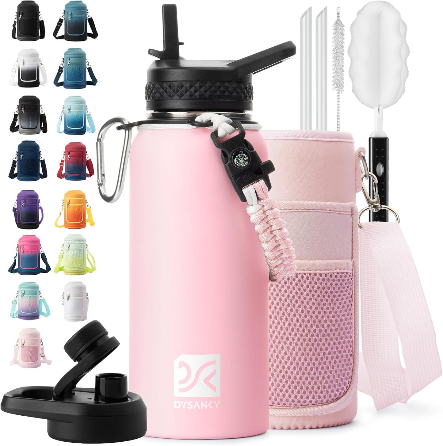 Insulated Water Bottle | Thickened Stainless Steel Vacuum Metal | Portable Sports Half Gallon Large Water Jug for Gym and Hiking with Straw, Carrier Bag, Handle Strap | BPA-Free 64 oz