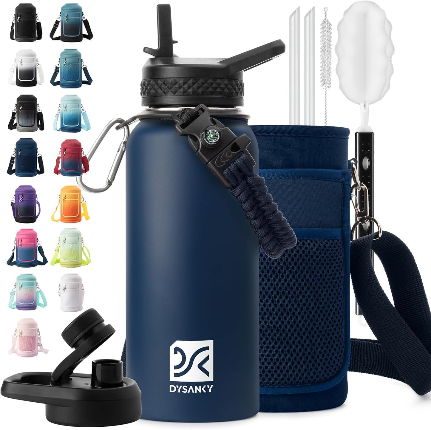 Insulated Water Bottle | Thickened Stainless Steel Vacuum Metal | Portable Sports Half Gallon Large Water Jug for Gym and Hiking with Straw, Carrier Bag, Handle Strap | BPA-Free 64 oz