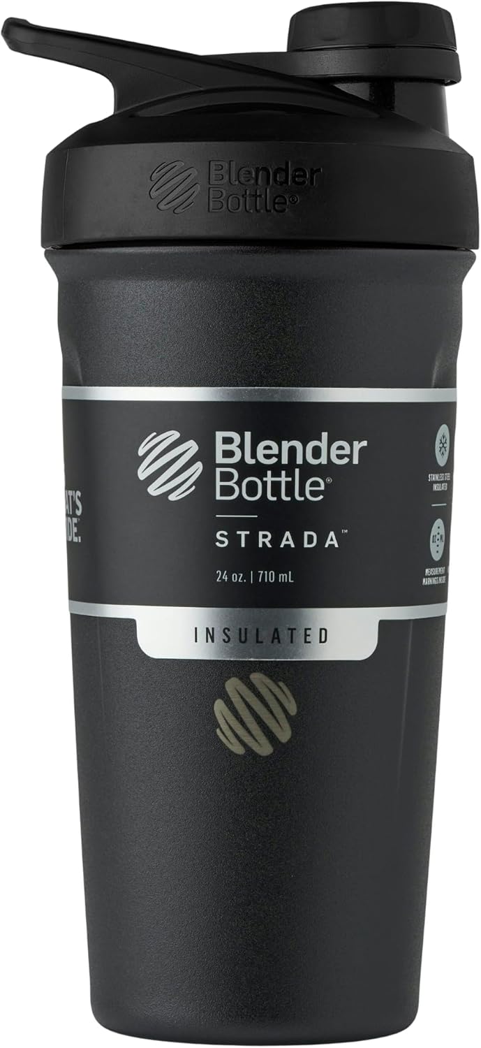 BlenderBottle Strada Shaker Cup Insulated Stainless Steel Water Bottle with Wire Whisk, 24-Ounce, Black