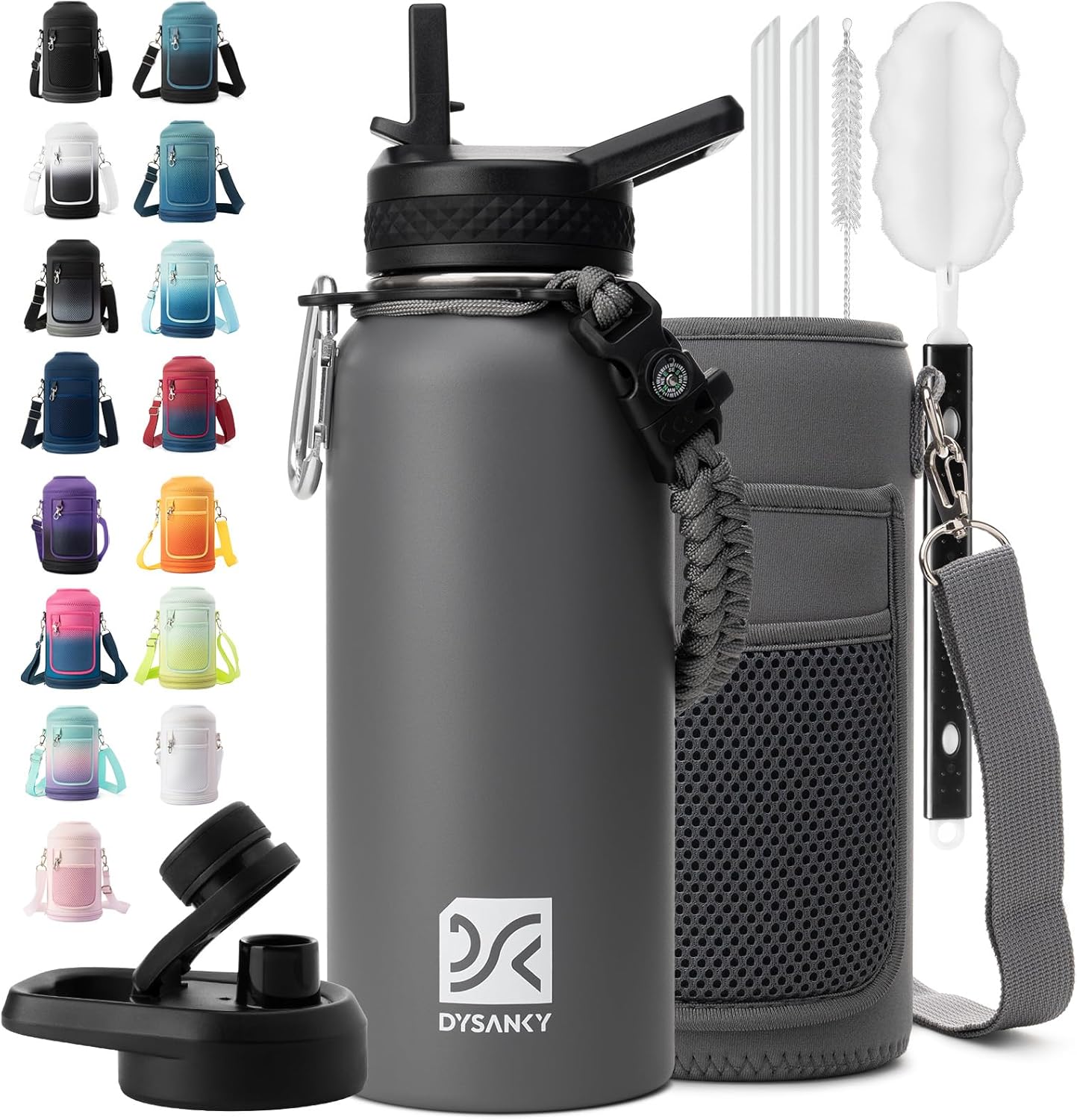Insulated Water Bottle | Thickened Stainless Steel Vacuum Metal | Portable Sports Half Gallon Large Water Jug for Gym and Hiking with Straw, Carrier Bag, Handle Strap | BPA-Free 64 oz