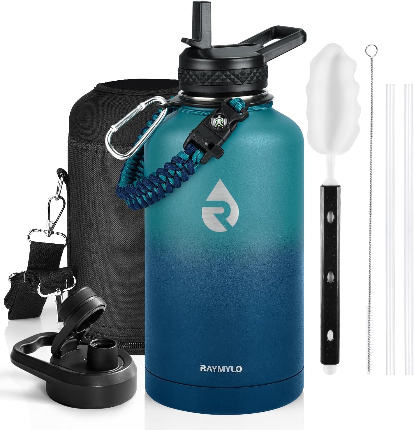 Insulated Water Bottle 40 oz, Triple Wall Vacuum Stainless Steel (Cold for 48 Hrs), Leak Proof & Non-BPA, Modern Water Flask Jug with Paracord Handle & Straw Spout Lids, Indigo/Black