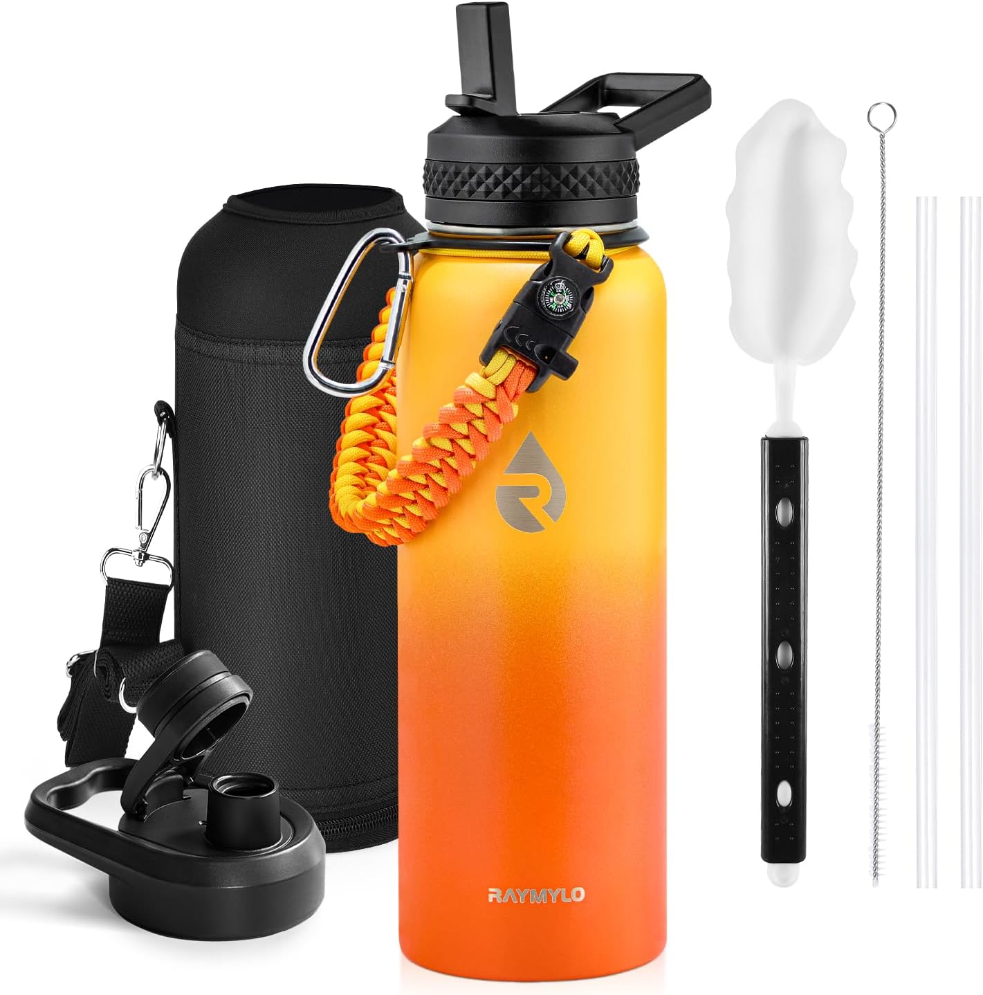 Insulated Water Bottle 40 oz, Triple Wall Vacuum Stainless Steel (Cold for 48 Hrs), Leak Proof & Non-BPA, Modern Water Flask Jug with Paracord Handle & Straw Spout Lids, Indigo/Black