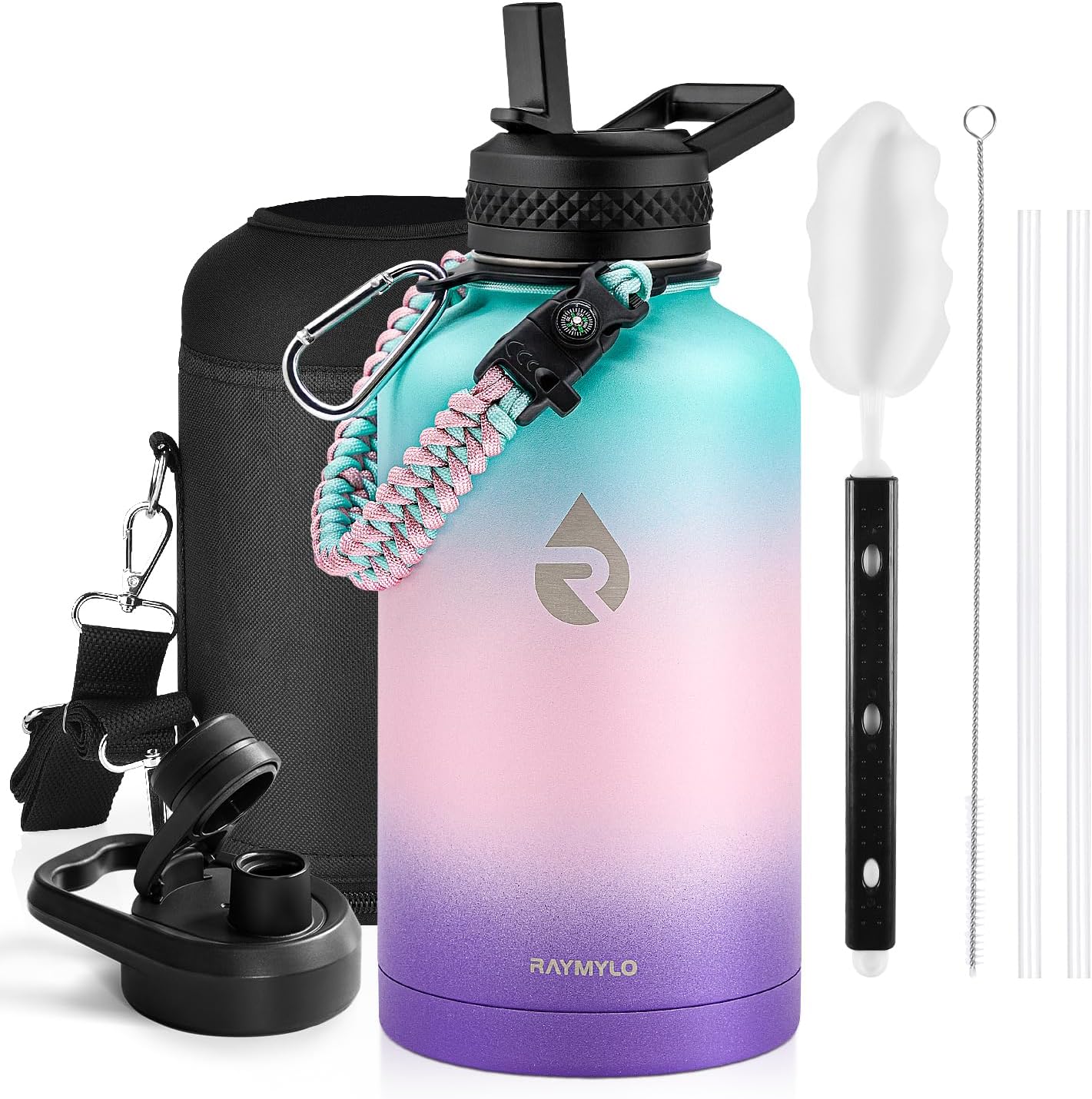 Insulated Water Bottle 40 oz, Triple Wall Vacuum Stainless Steel (Cold for 48 Hrs), Leak Proof & Non-BPA, Modern Water Flask Jug with Paracord Handle & Straw Spout Lids, Indigo/Black