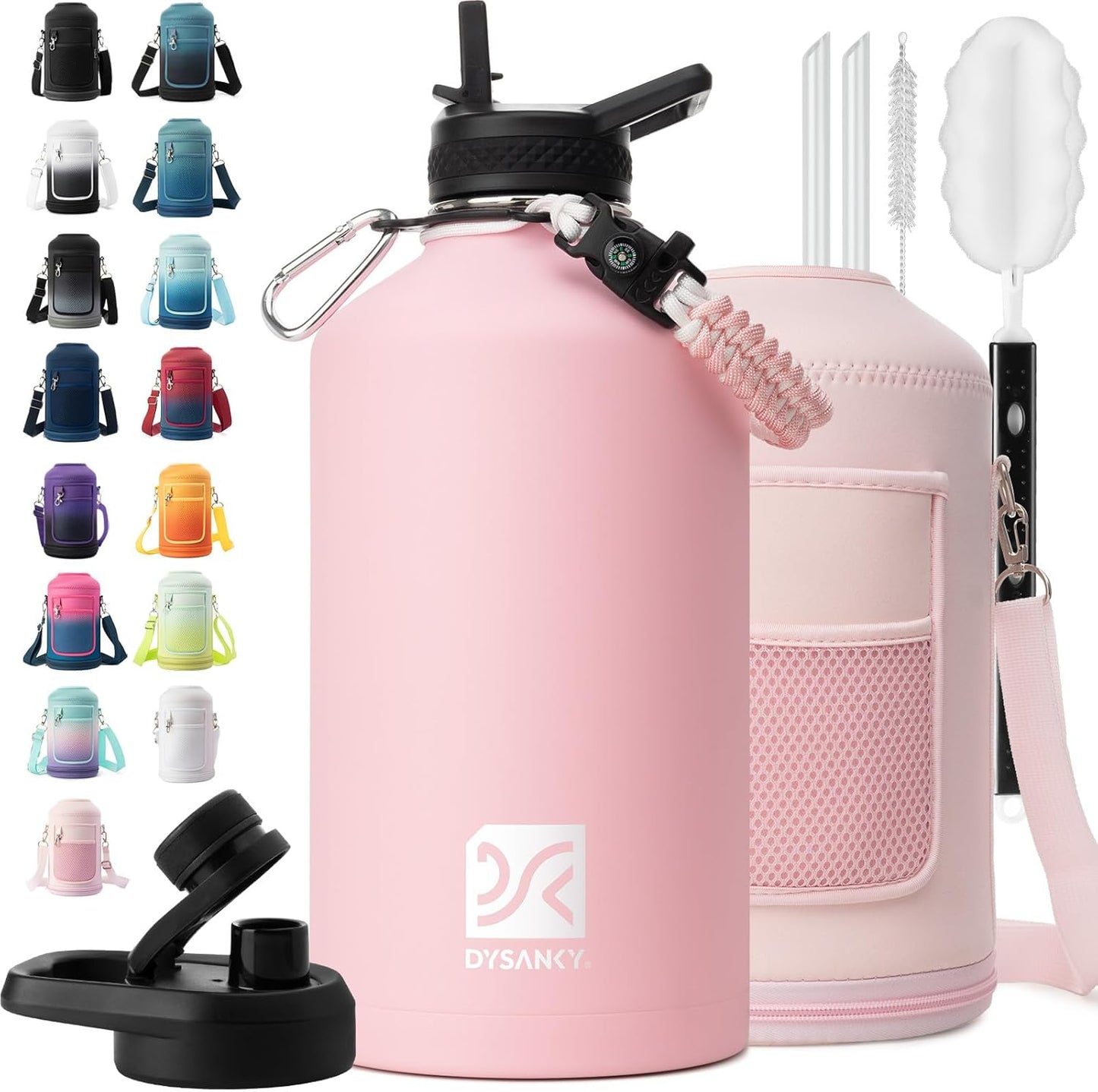 Insulated Water Bottle | Thickened Stainless Steel Vacuum Metal | Portable Sports Half Gallon Large Water Jug for Gym and Hiking with Straw, Carrier Bag, Handle Strap | BPA-Free 64 oz