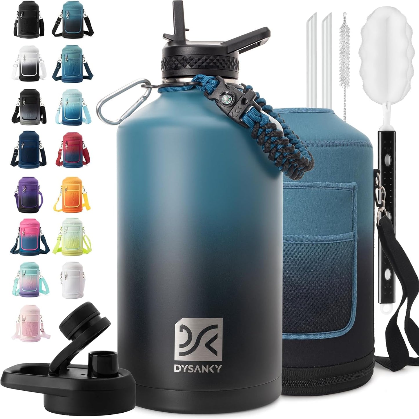 Insulated Water Bottle | Thickened Stainless Steel Vacuum Metal | Portable Sports Half Gallon Large Water Jug for Gym and Hiking with Straw, Carrier Bag, Handle Strap | BPA-Free 64 oz