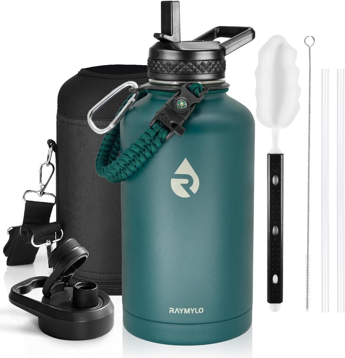 Insulated Water Bottle 40 oz, Triple Wall Vacuum Stainless Steel (Cold for 48 Hrs), Leak Proof & Non-BPA, Modern Water Flask Jug with Paracord Handle & Straw Spout Lids, Indigo/Black