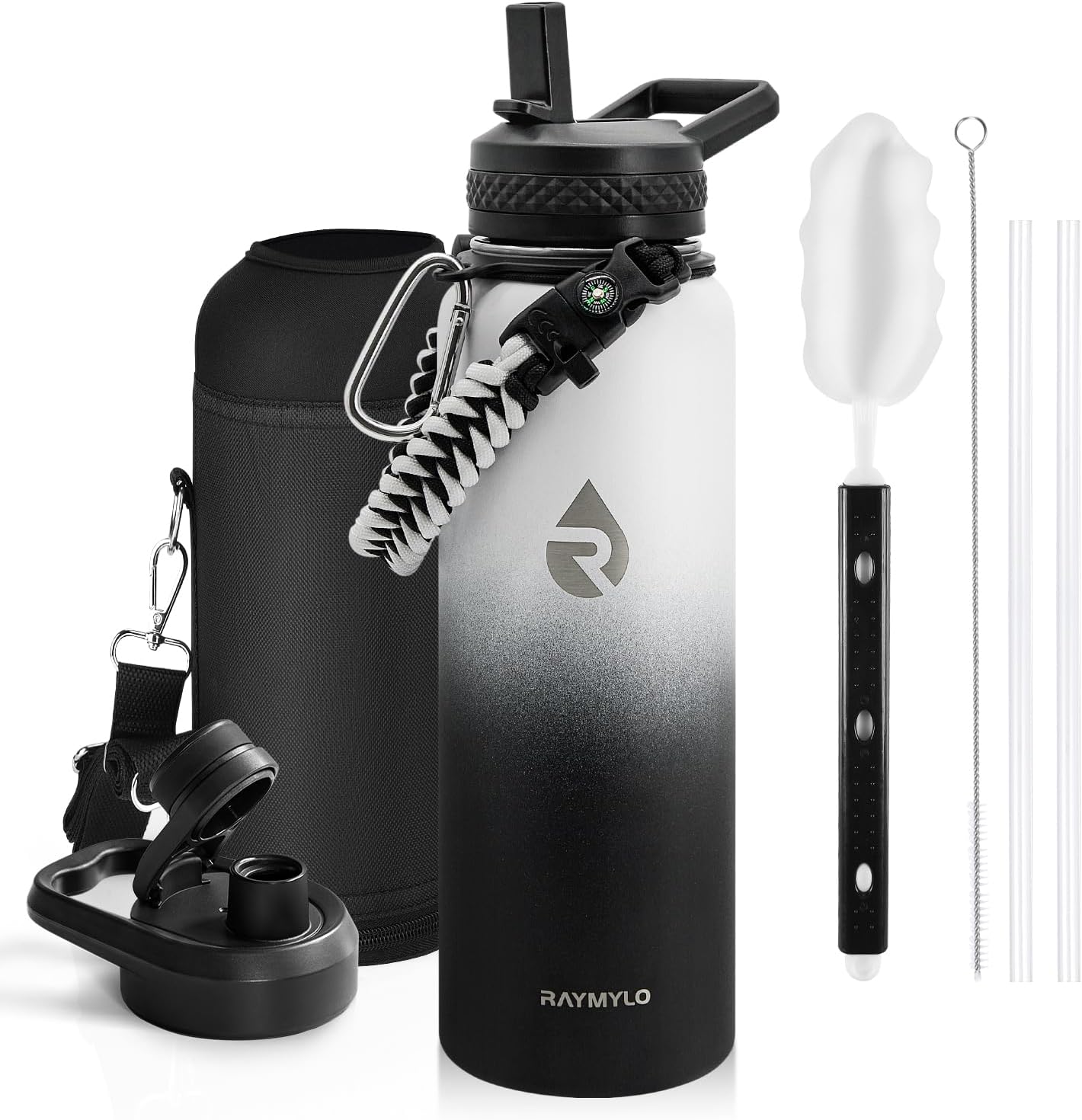 Insulated Water Bottle 40 oz, Triple Wall Vacuum Stainless Steel (Cold for 48 Hrs), Leak Proof & Non-BPA, Modern Water Flask Jug with Paracord Handle & Straw Spout Lids, Indigo/Black