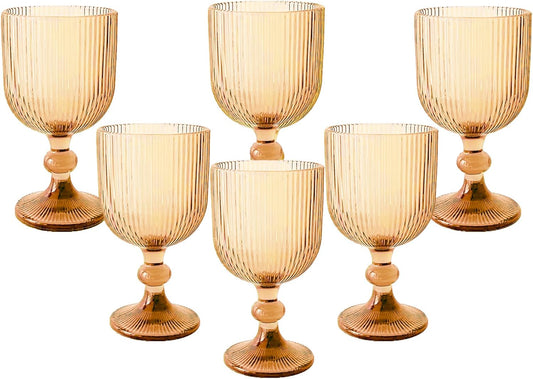 Vintage Wine Glasses Set of 6, 11 Ounces Colored Glass Water Goblets, Colorful Unique Embossed Pattern High Clear Stemmed Glassware Wedding Party Bar Glass Drinking Cups Vertical Line Gold Amber
