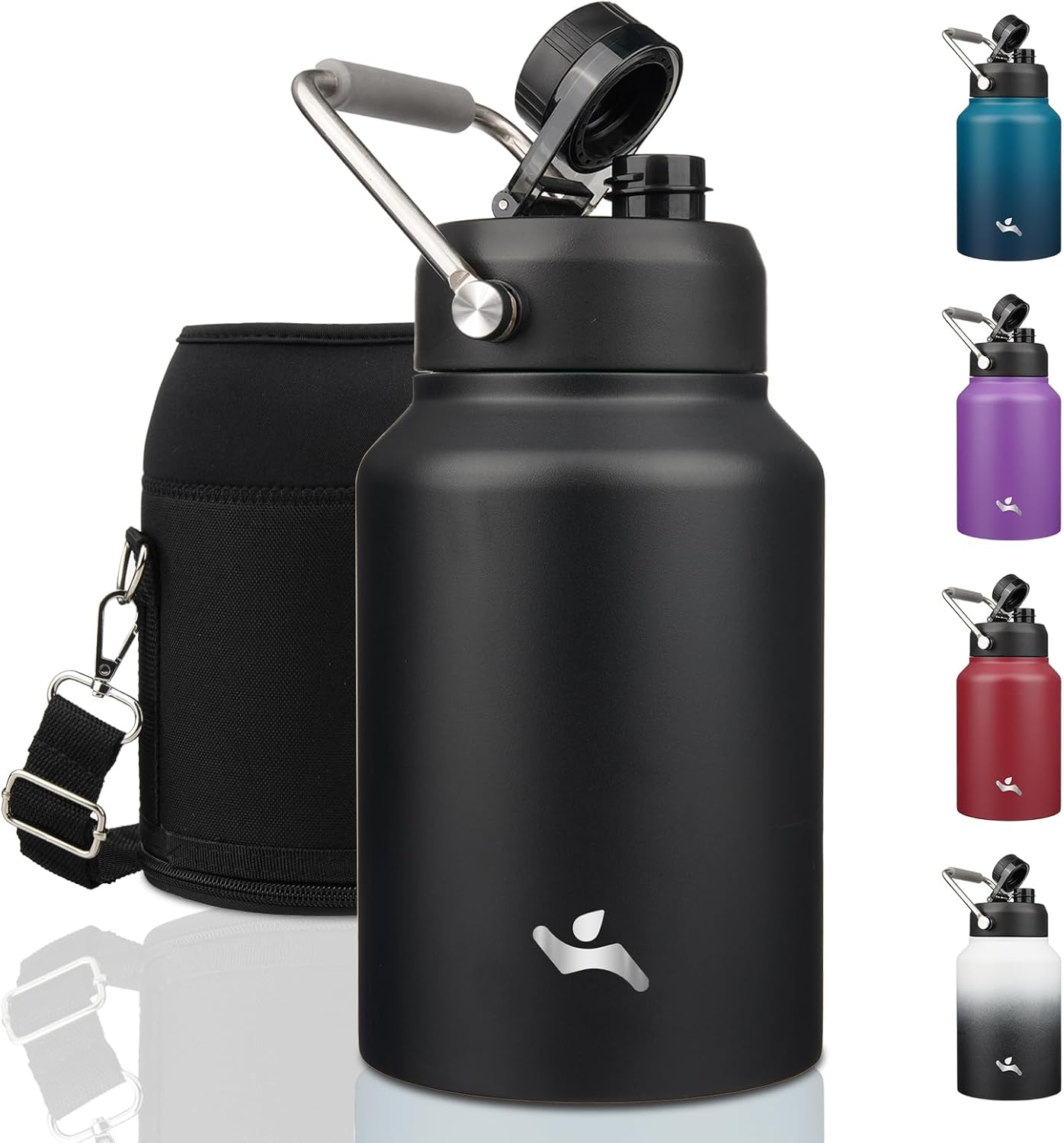 Half Gallon Jug with Handle,64 oz Insulated Water Bottle with Carrying Pouch,Double Wall Vacuum Stainless Steel Metal Bottle,Day Night