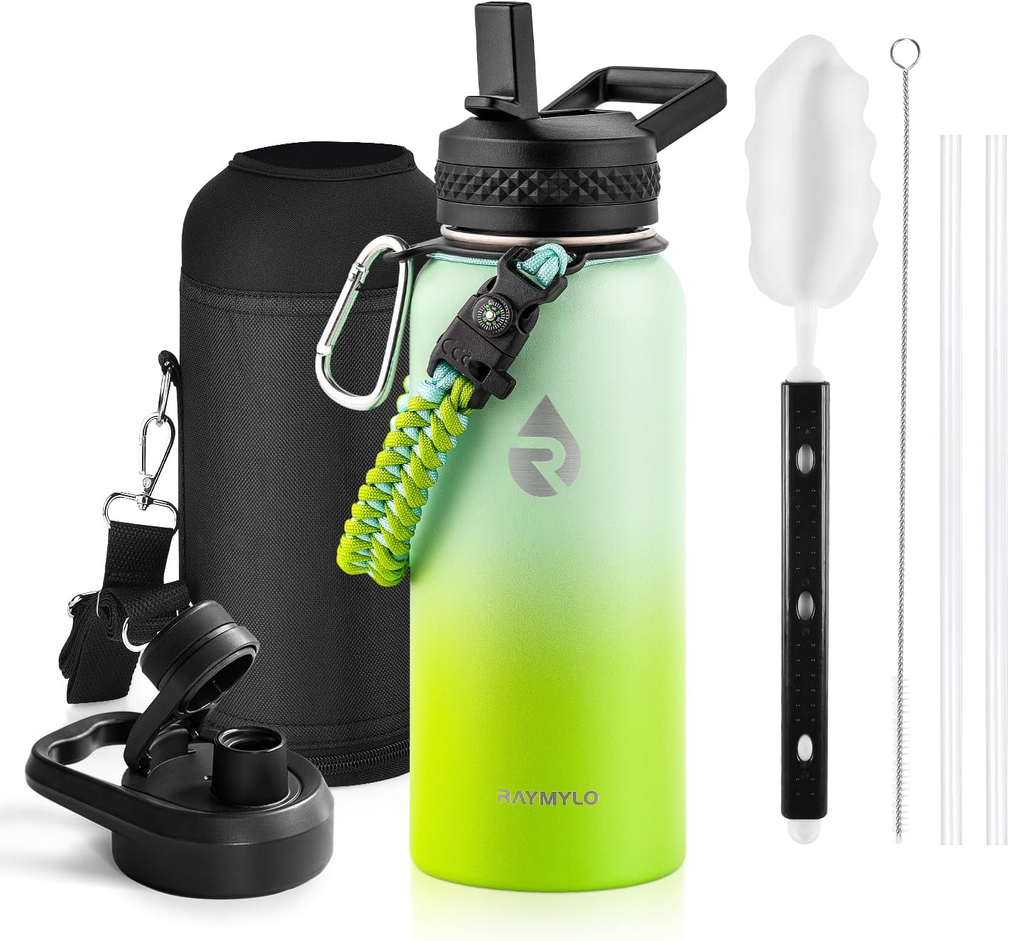 Insulated Water Bottle 40 oz, Triple Wall Vacuum Stainless Steel (Cold for 48 Hrs), Leak Proof & Non-BPA, Modern Water Flask Jug with Paracord Handle & Straw Spout Lids, Indigo/Black