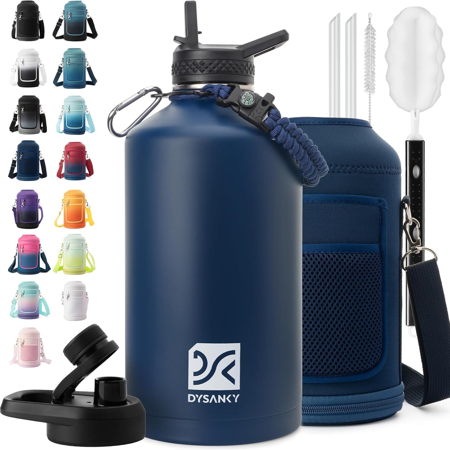 Insulated Water Bottle | Thickened Stainless Steel Vacuum Metal | Portable Sports Half Gallon Large Water Jug for Gym and Hiking with Straw, Carrier Bag, Handle Strap | BPA-Free 64 oz